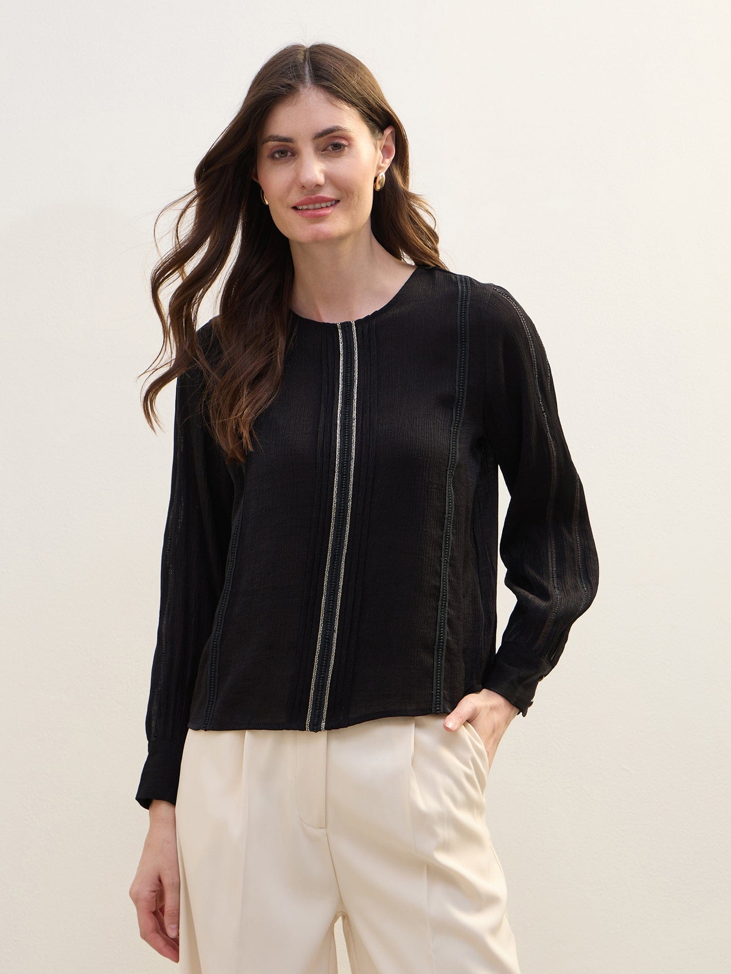 Iconic Women Black Crinkled Round Neck Top