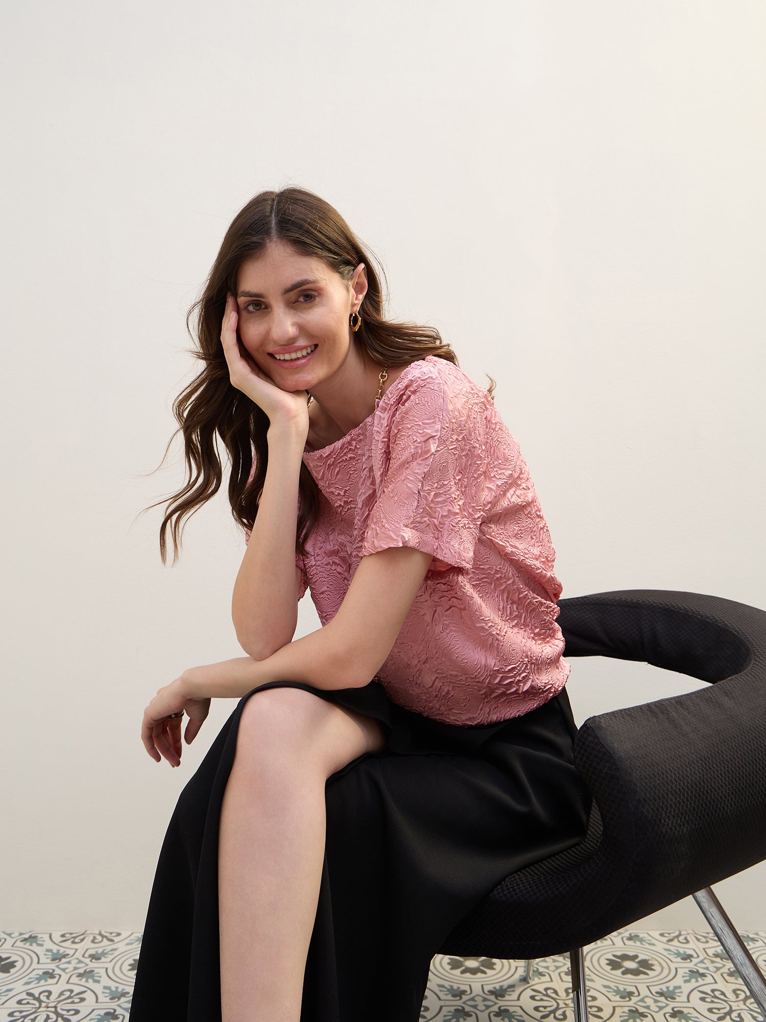 Iconic Women Pink Textured Boat Neck Top