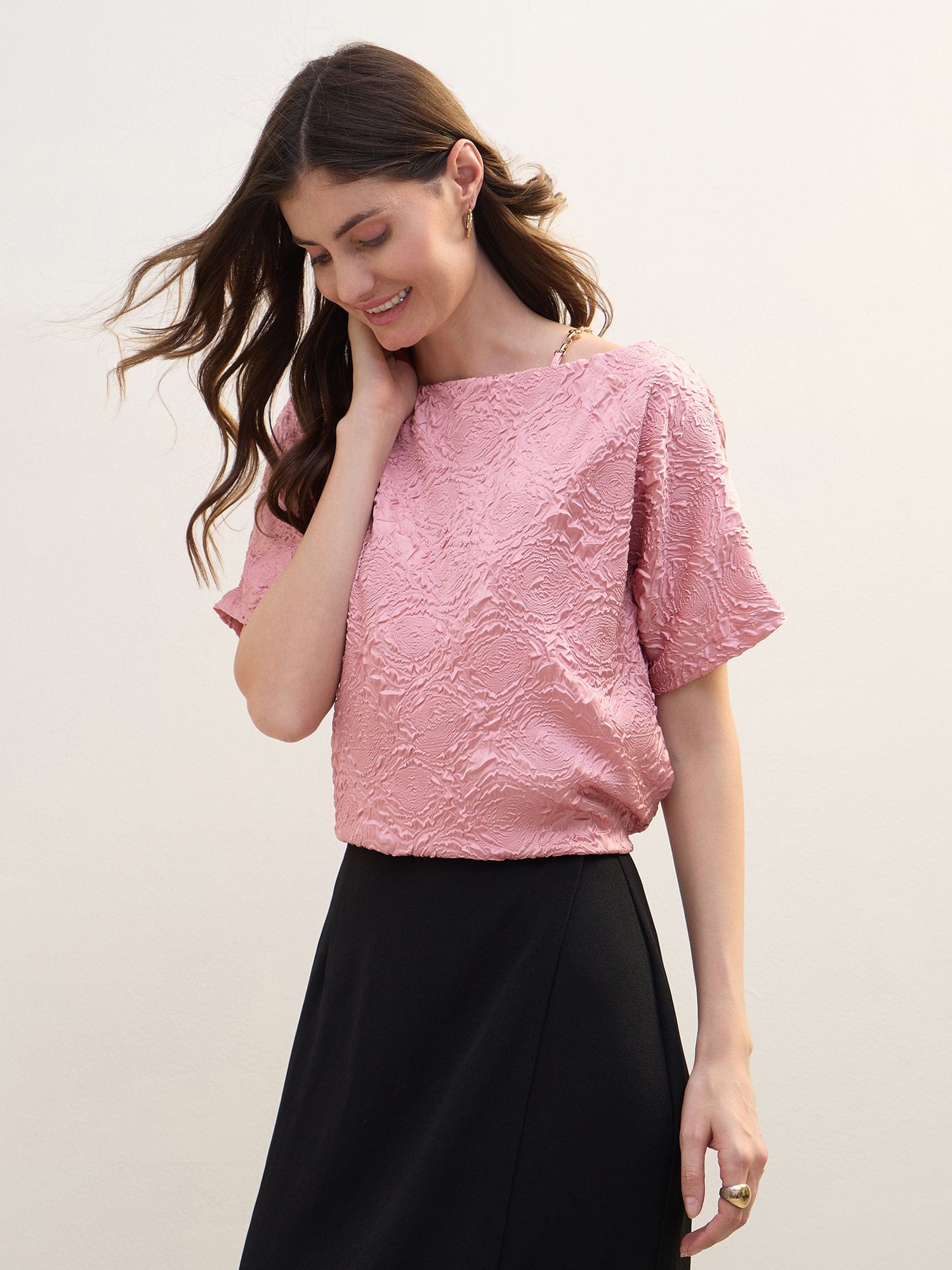 Iconic Women Pink Textured Boat Neck Top