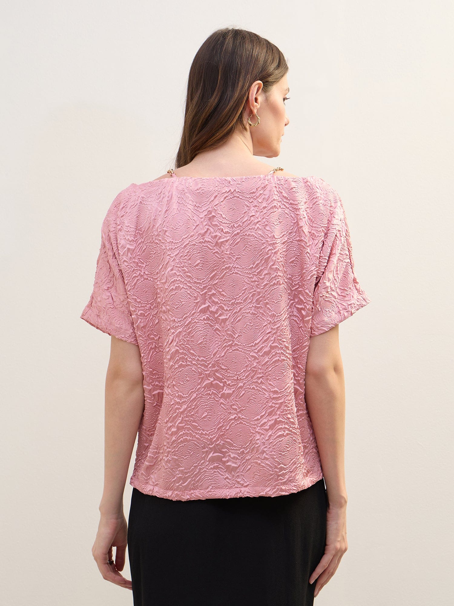 Iconic Women Pink Textured Boat Neck Top