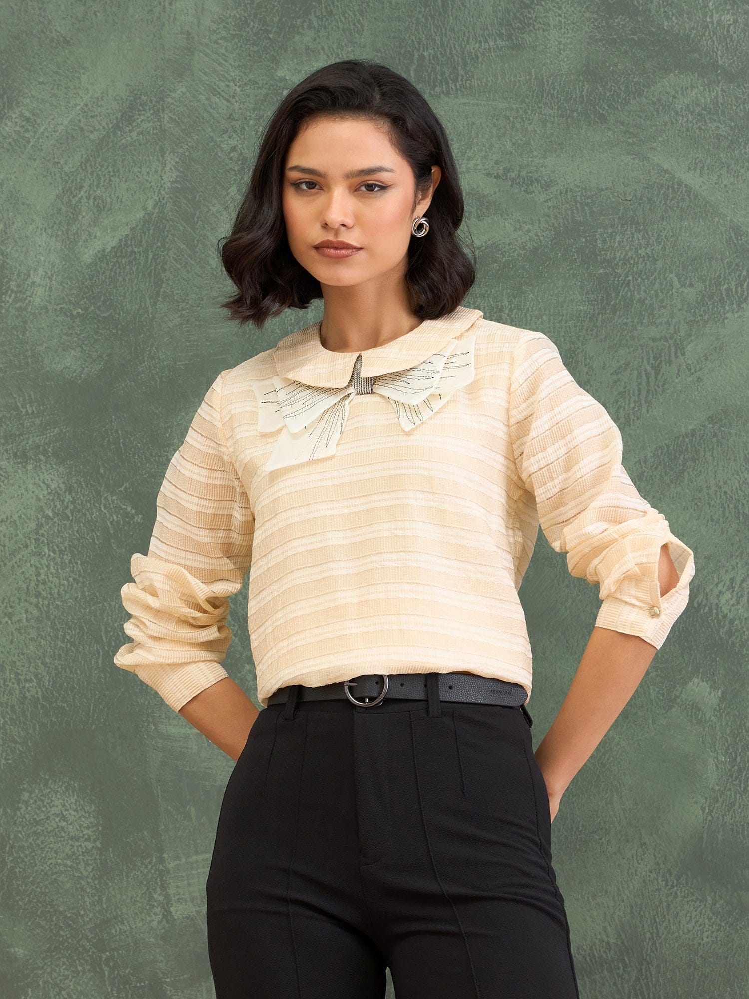 Iconic Women Beige Textured Round Neck Top