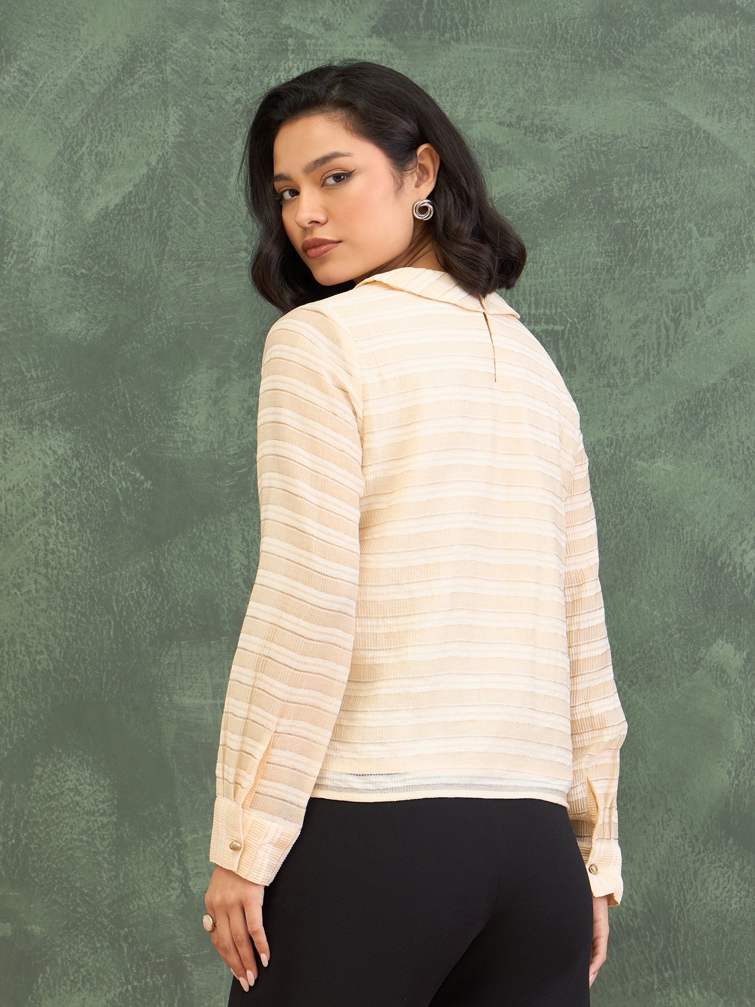 Iconic Women Beige Textured Round Neck Top