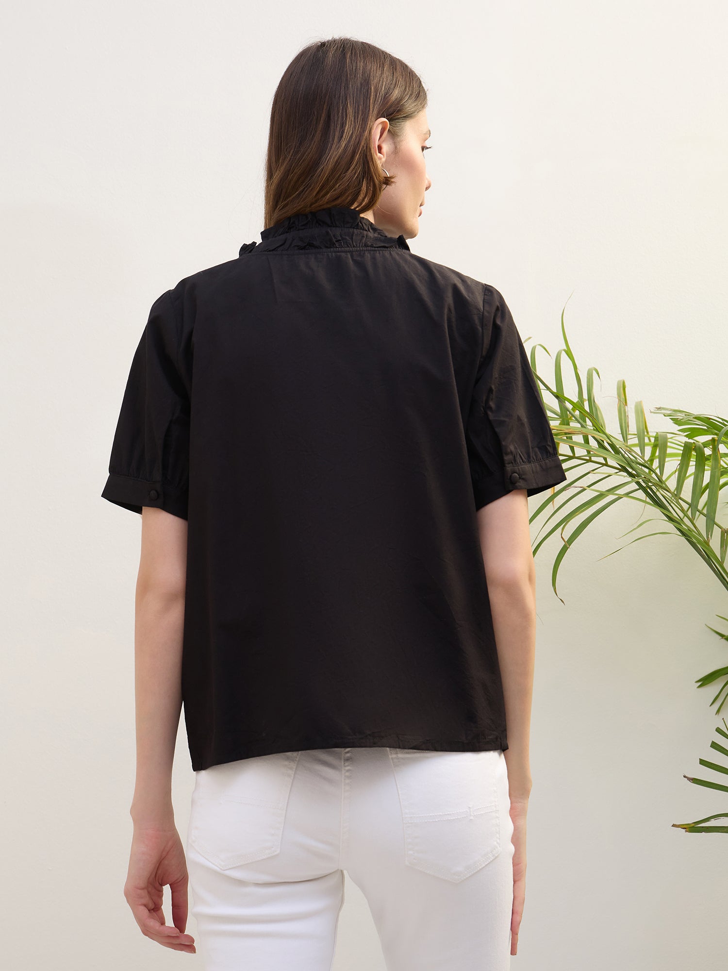 Iconic Women Black Solid V-Neck Shirt