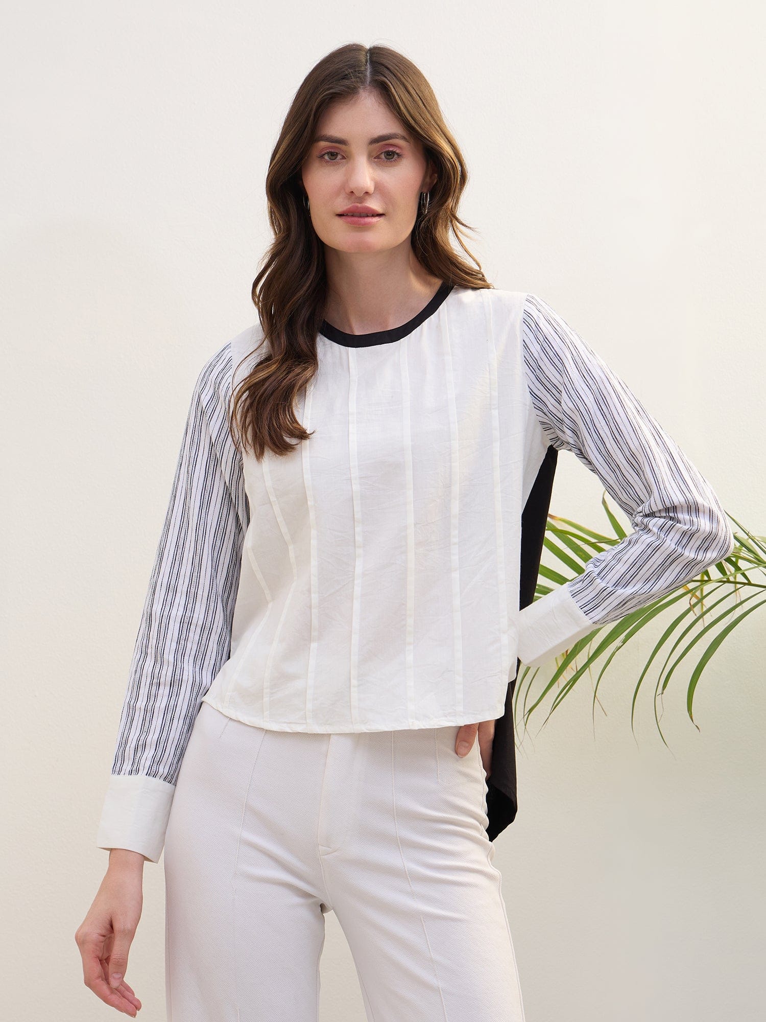 Iconic Women Multi Pin Tucks Round Neck Top