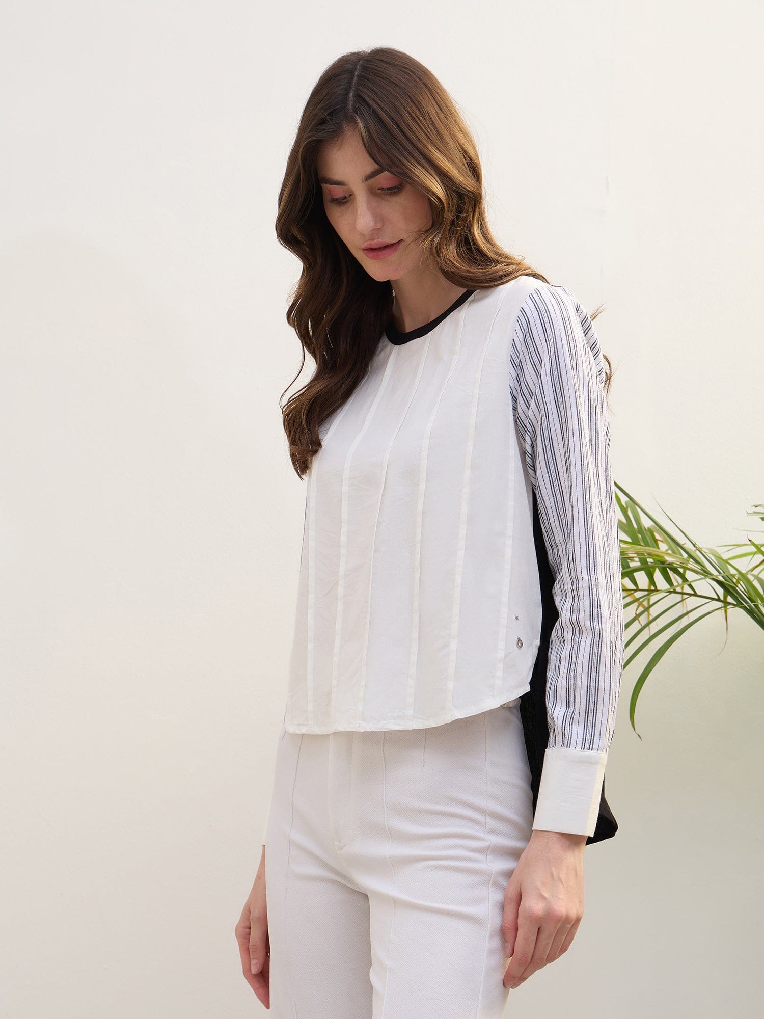 Iconic Women Multi Pin Tucks Round Neck Top