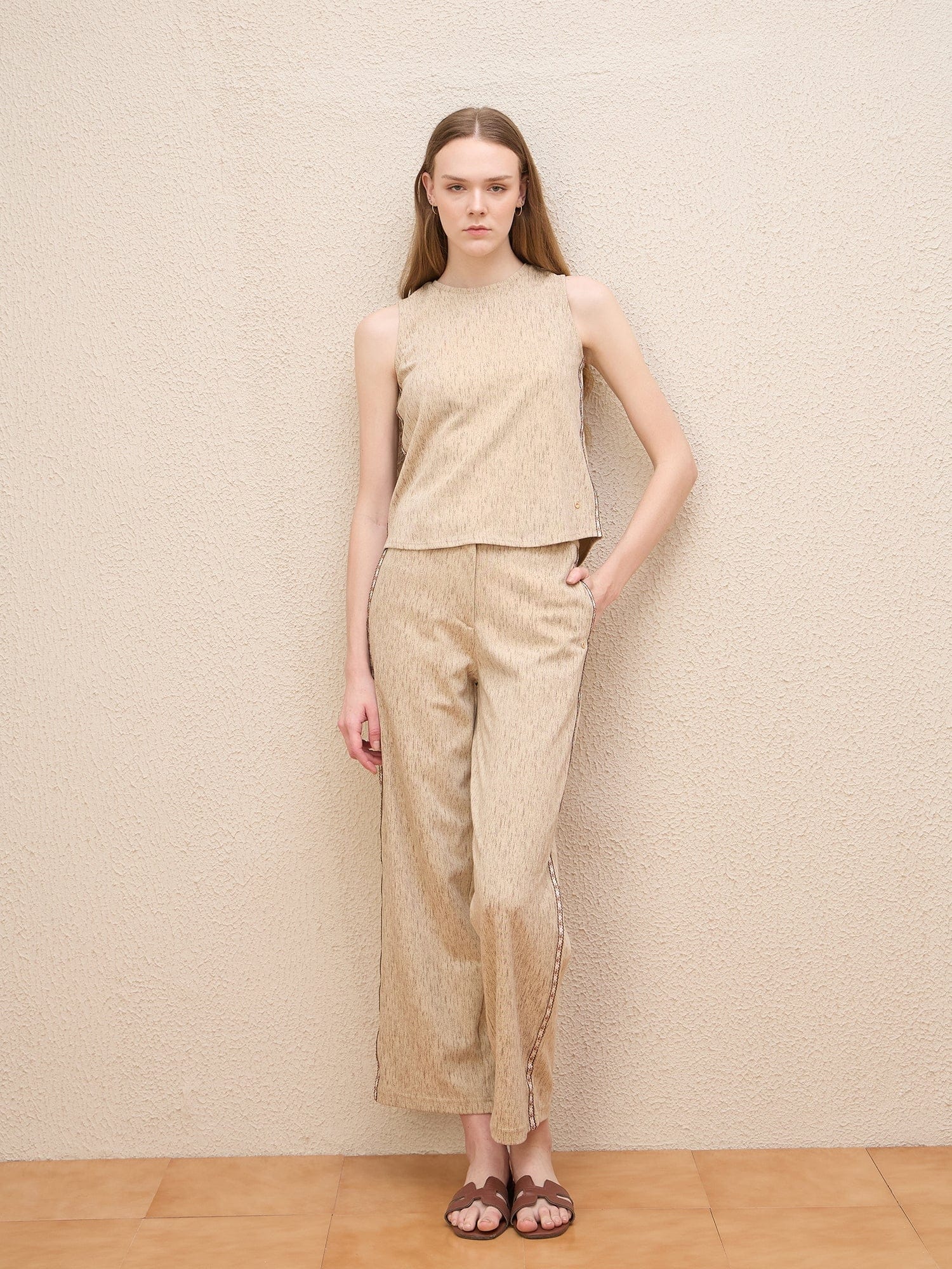 Iconic Women Beige Textured Round Neck Top