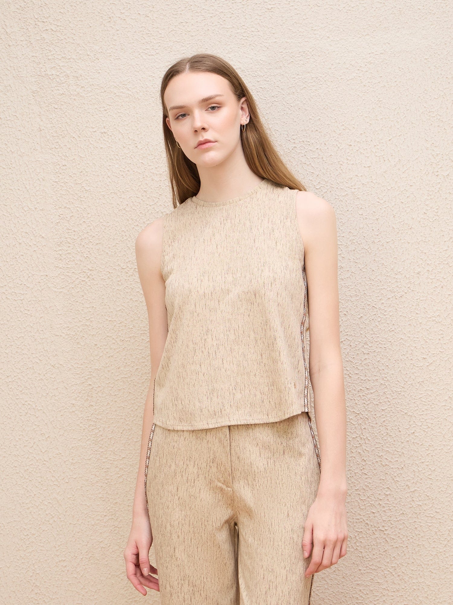 Iconic Women Beige Textured Round Neck Top