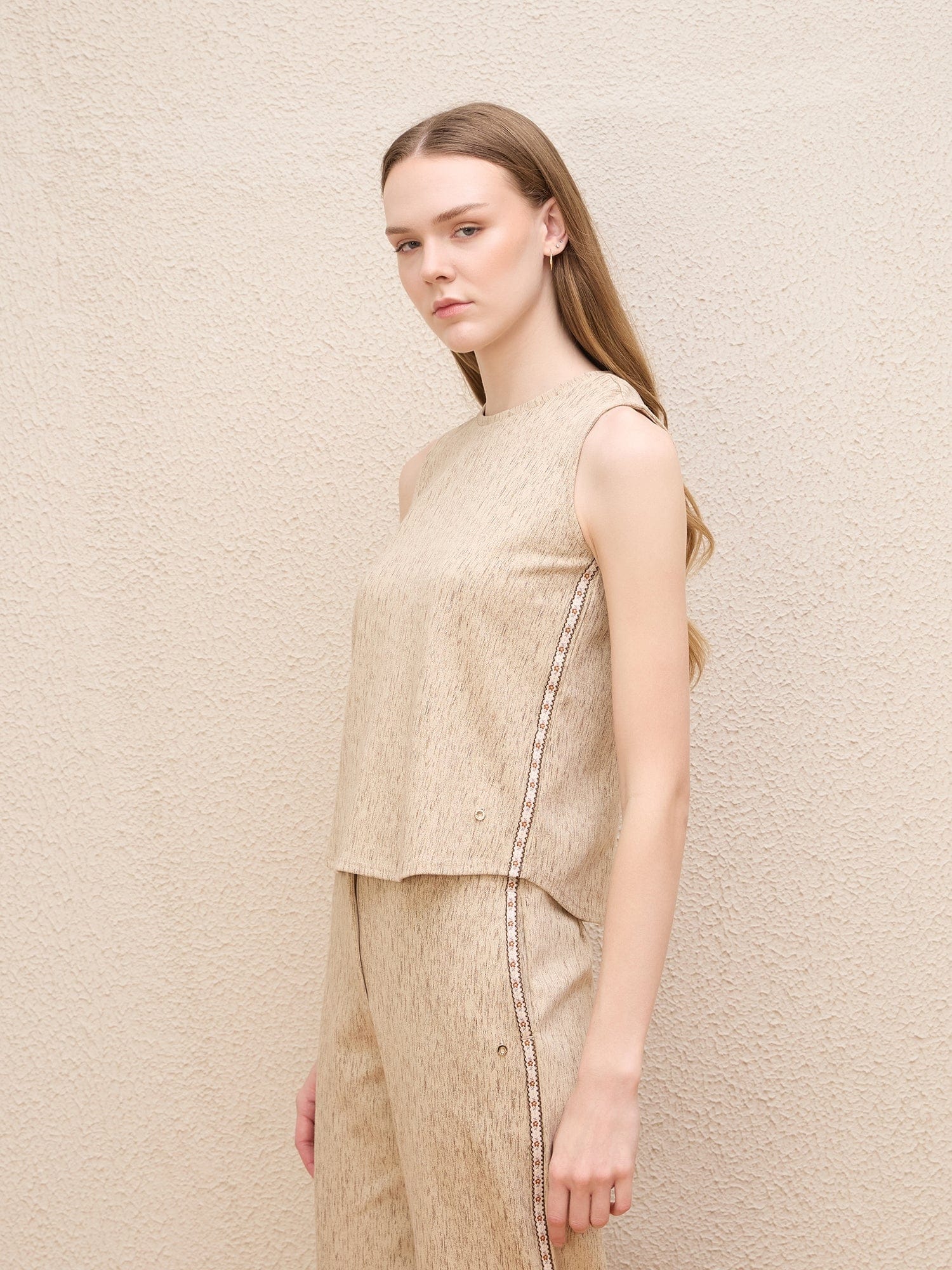 Iconic Women Beige Textured Round Neck Top