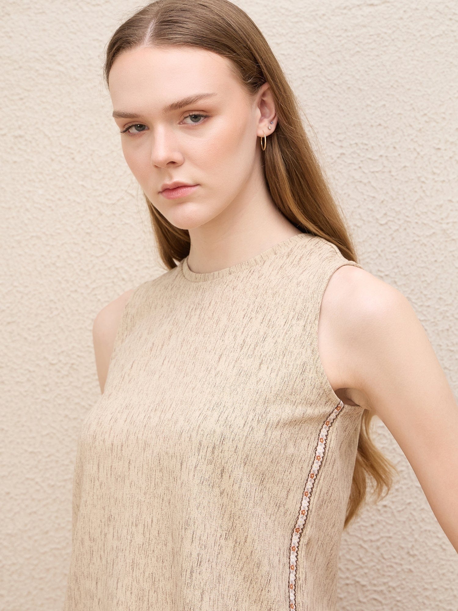 Iconic Women Beige Textured Round Neck Top