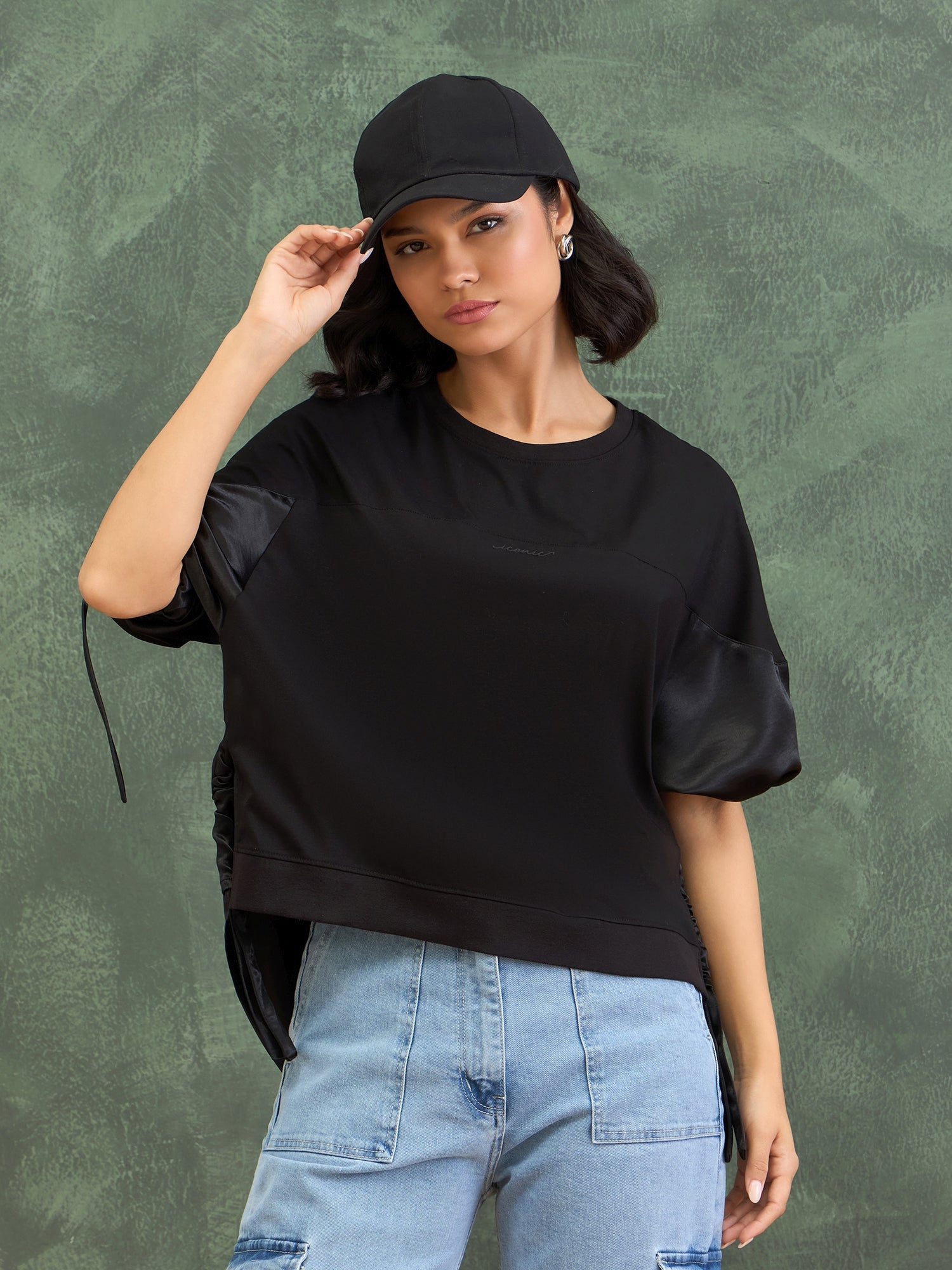 Iconic Women Black Solid Rib Neck Top