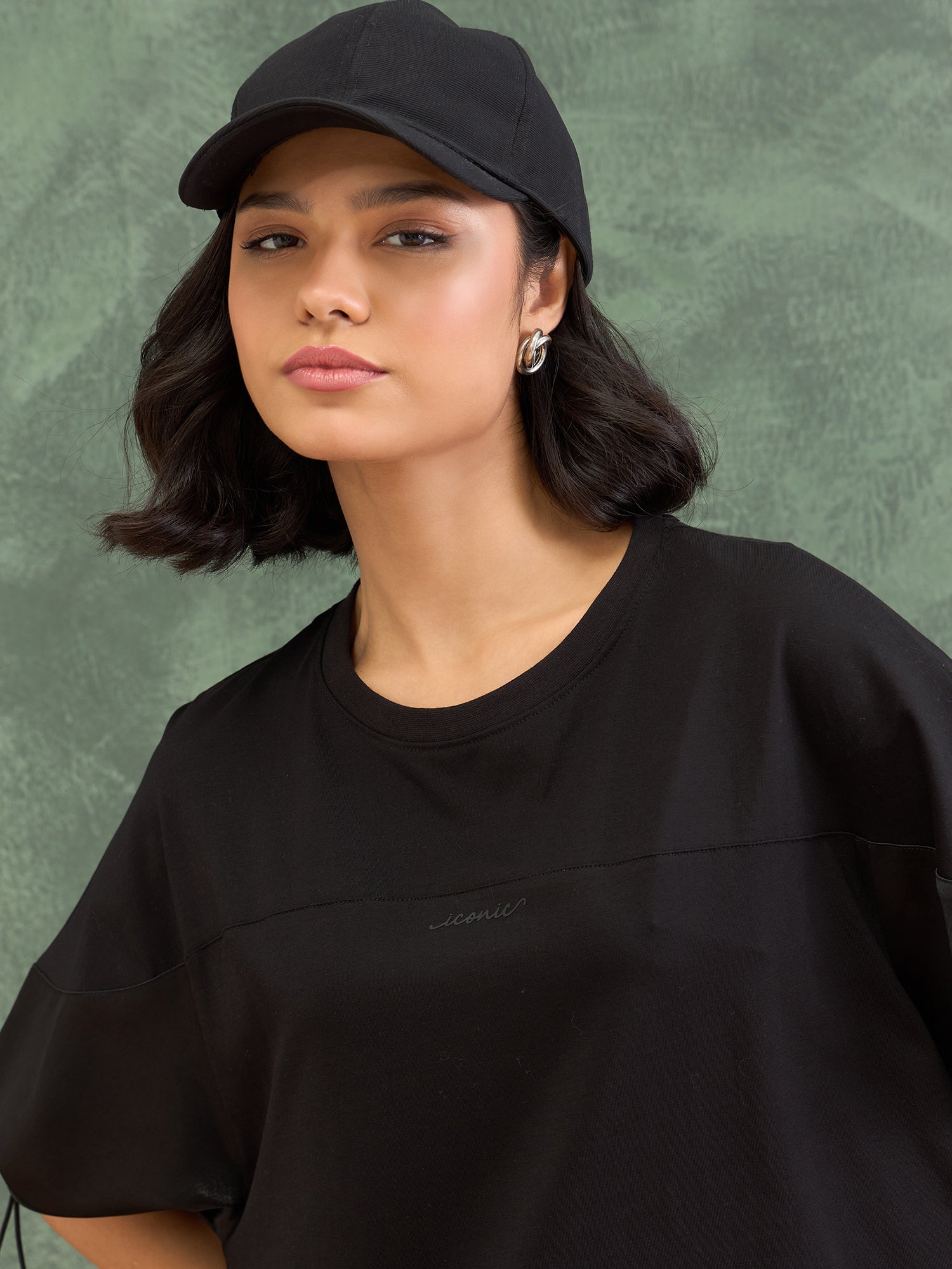Iconic Women Black Solid Rib Neck Top