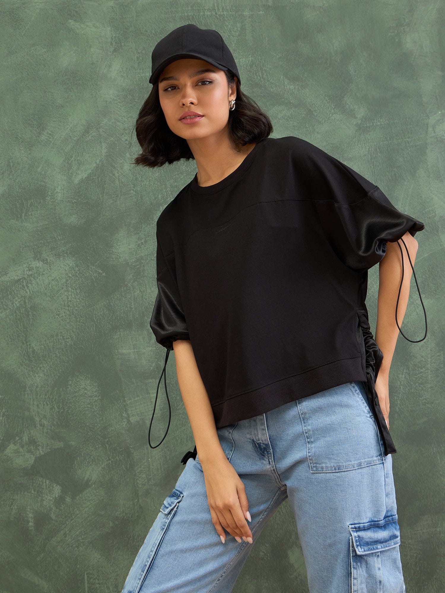 Iconic Women Black Solid Rib Neck Top