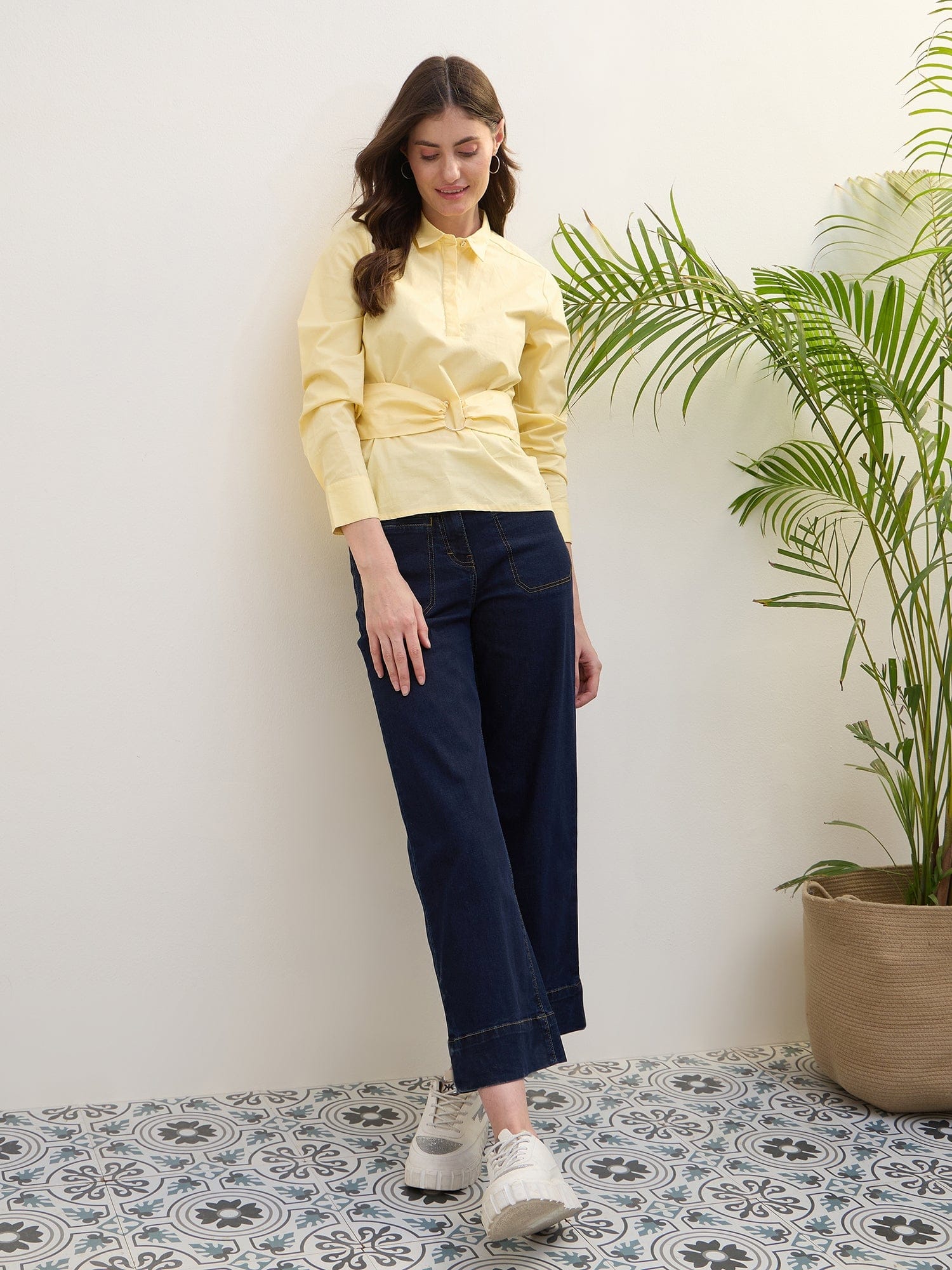 Iconic Women Yellow Solid Collar Top