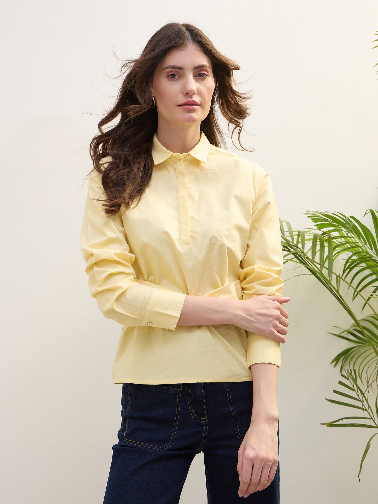 Iconic Women Yellow Solid Collar Top