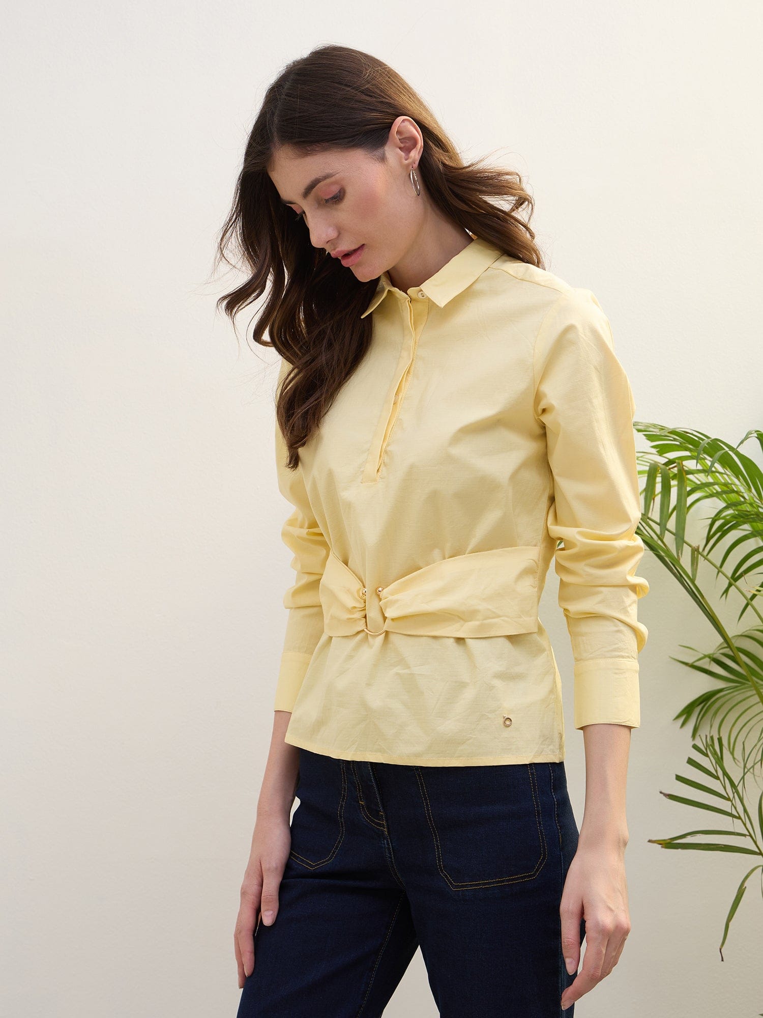 Iconic Women Yellow Solid Collar Top