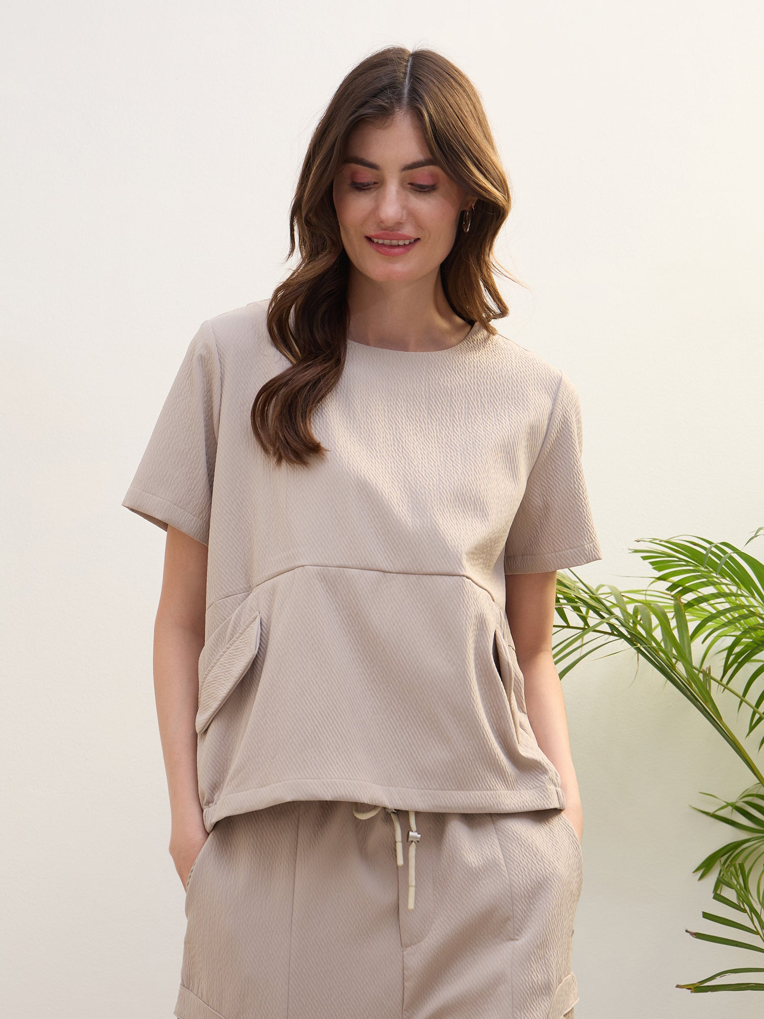 Iconic Women Beige Textured Round Neck Top