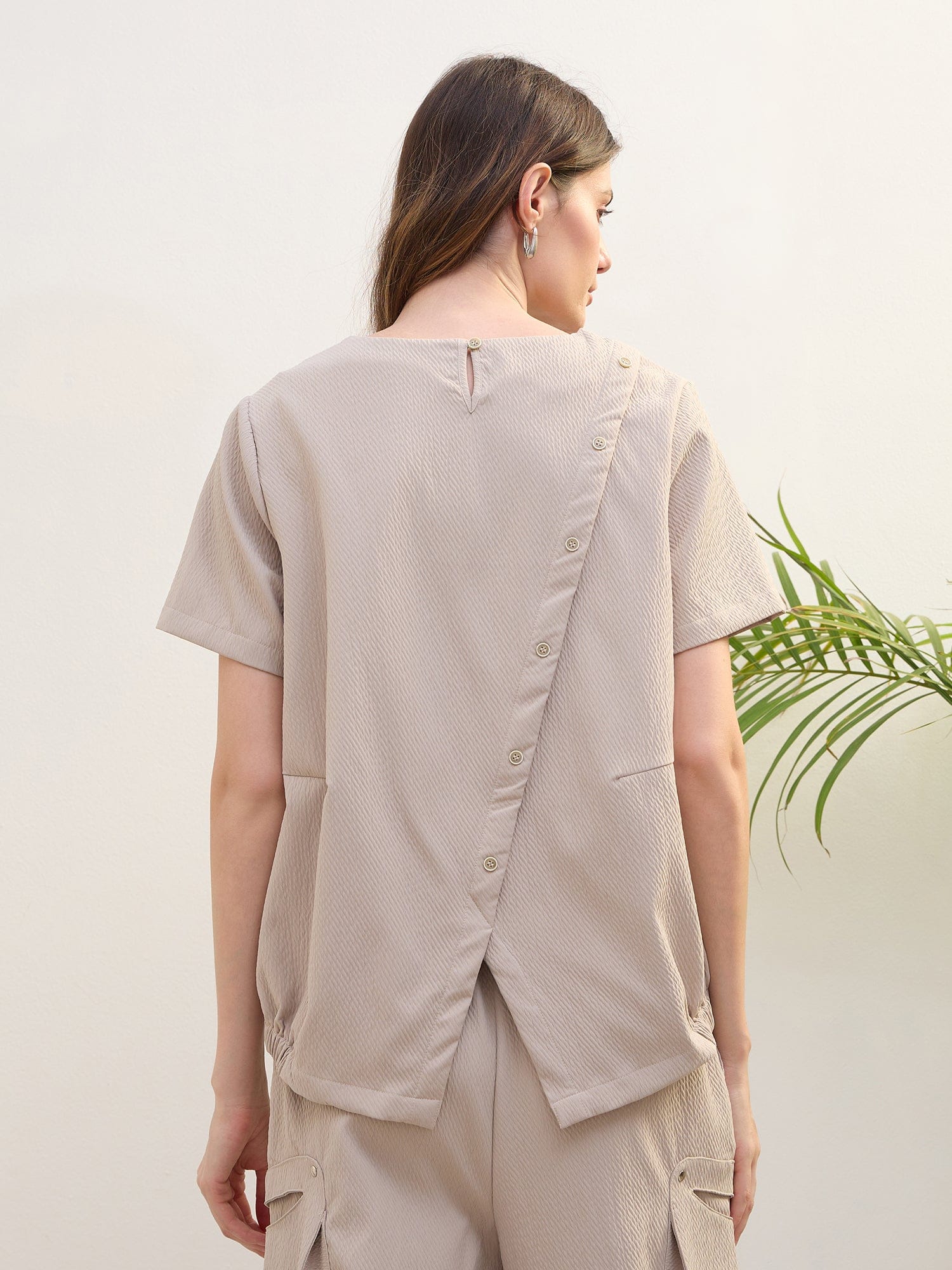 Iconic Women Beige Textured Round Neck Top