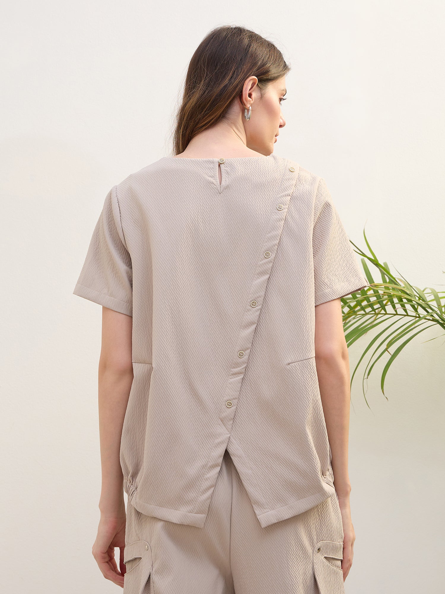 Iconic Women Beige Textured Round Neck Top