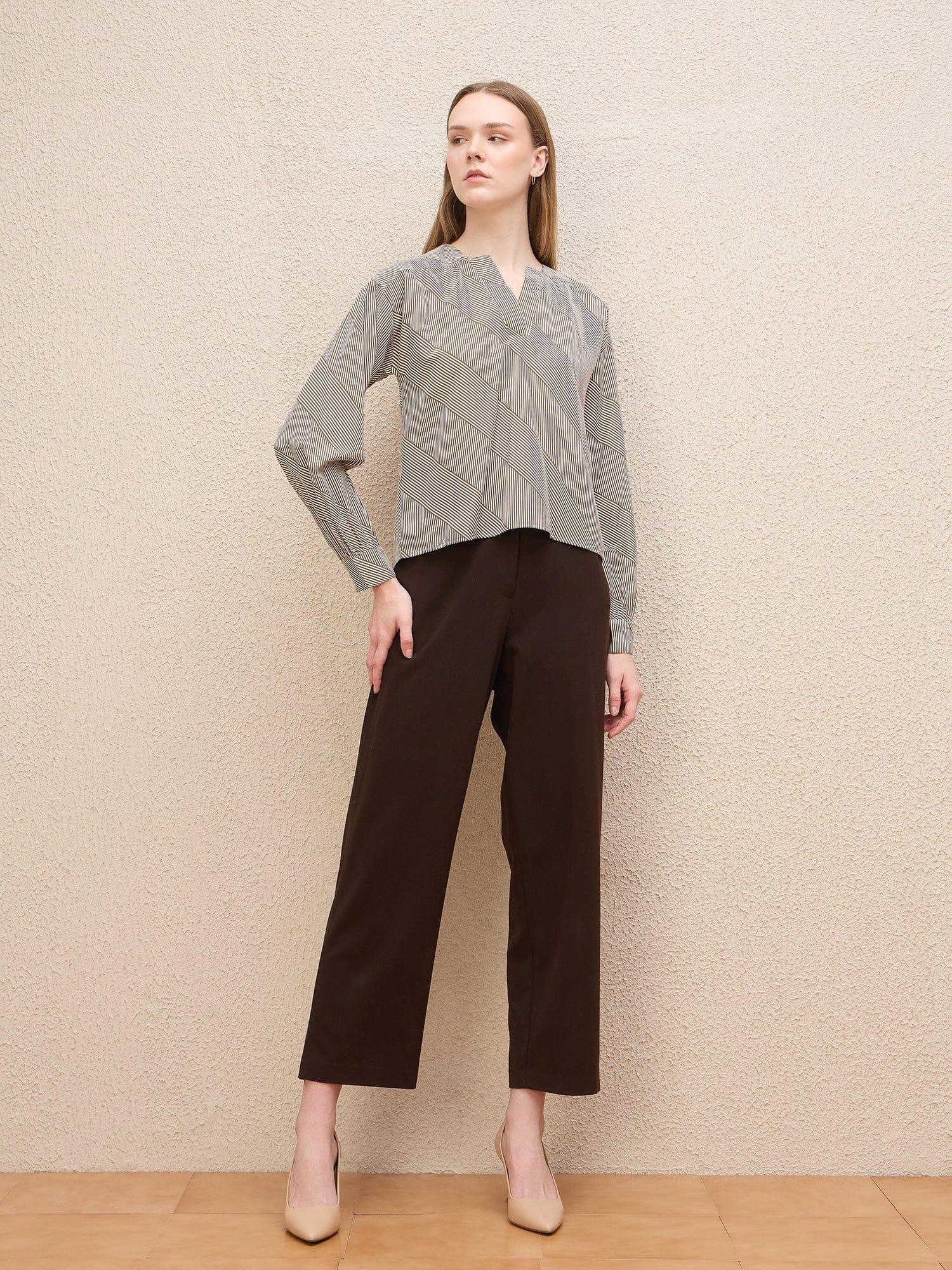 Iconic Women Brown Striped Square Neckline With V-Cut Top