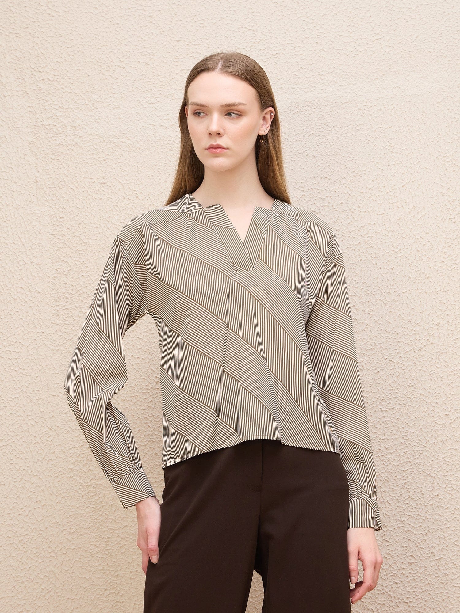 Iconic Women Brown Striped Square Neckline With V-Cut Top