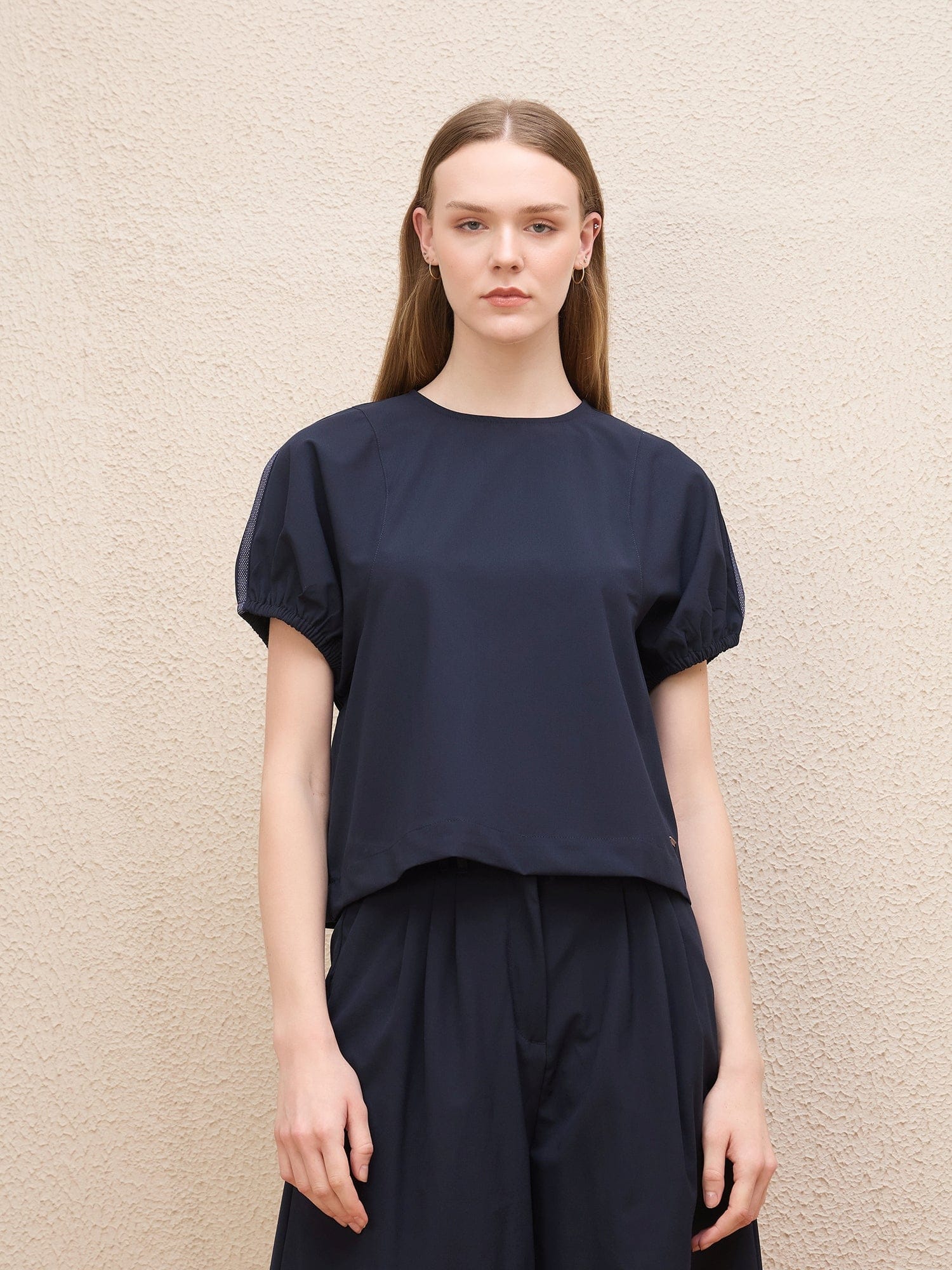 Iconic Women Blue Solid Round Neck Top