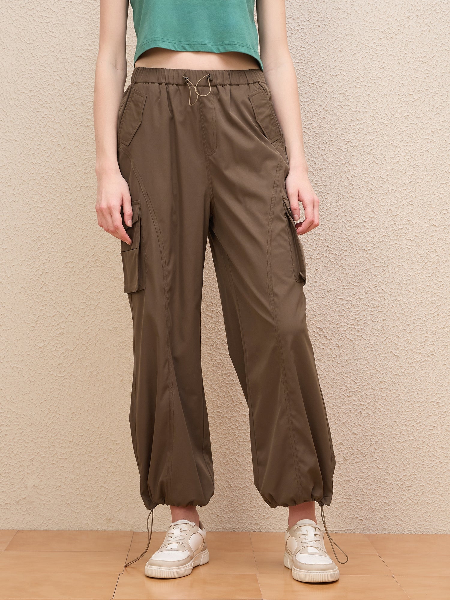 Iconic Women Brown Regular Fit Solid Cargo Trouser