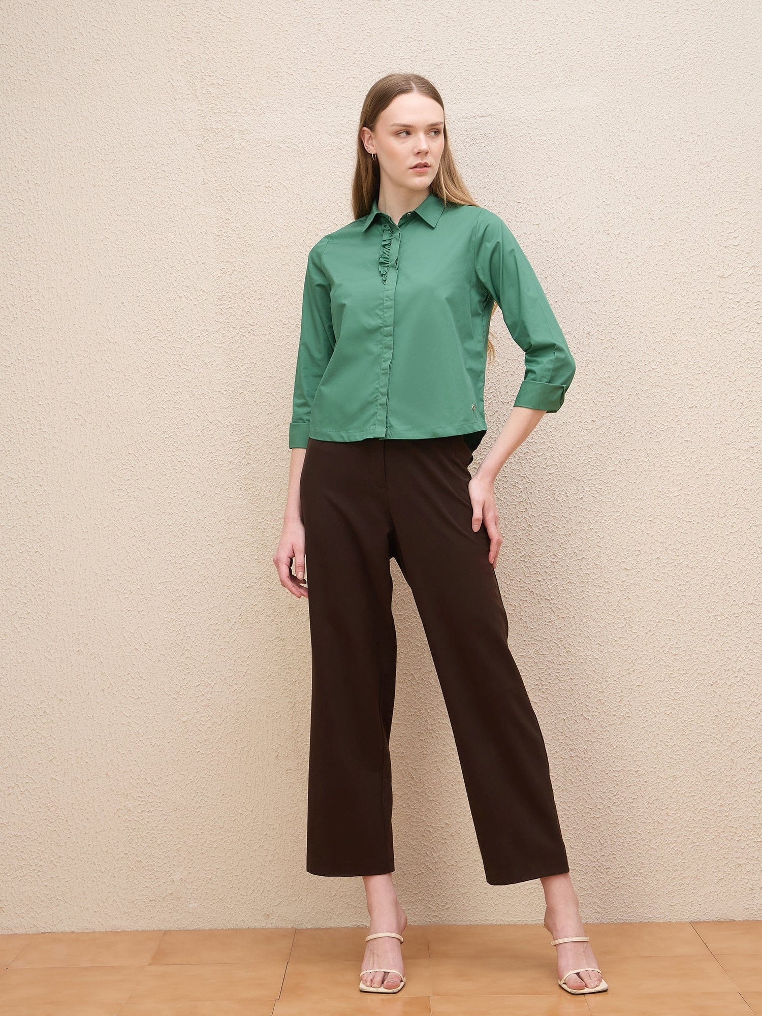 Iconic Women Green Solid Collar Shirt