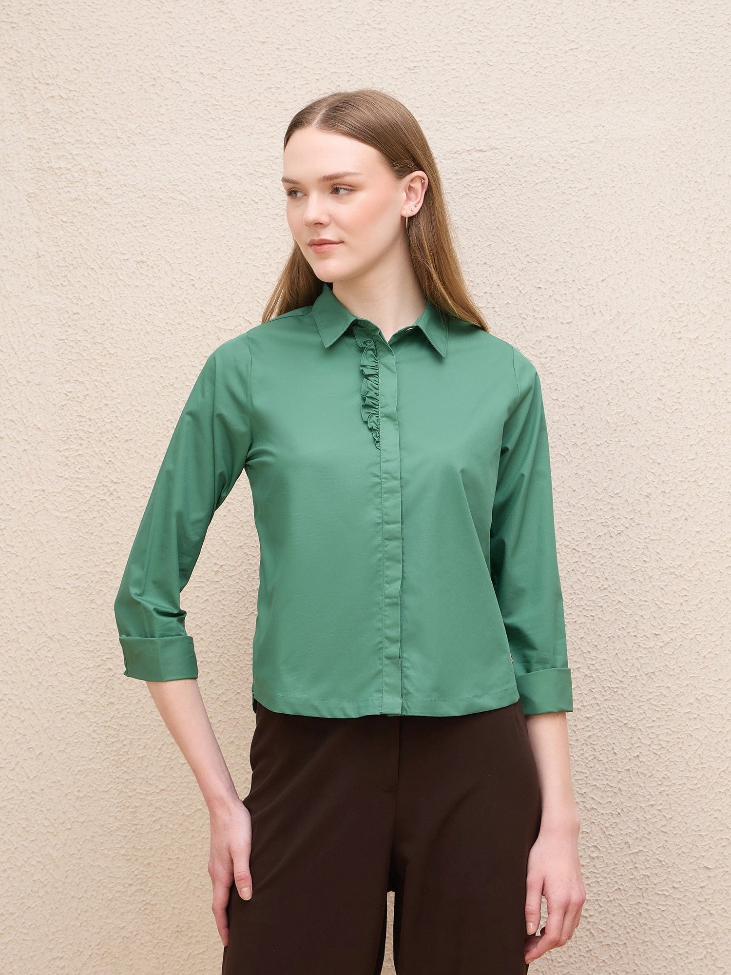 Iconic Women Green Solid Collar Shirt