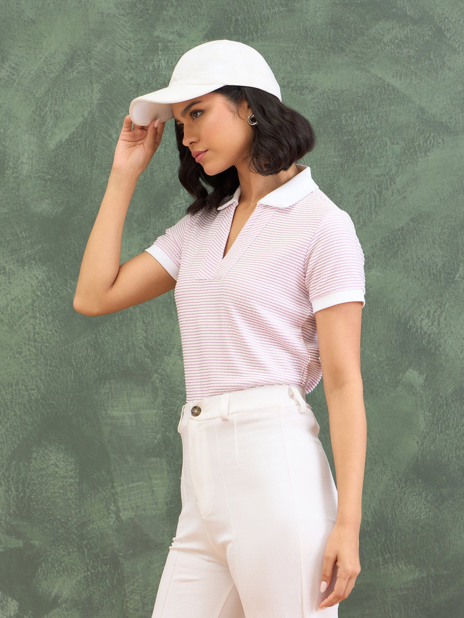 Iconic Women Pink Textured Polo Tshirt