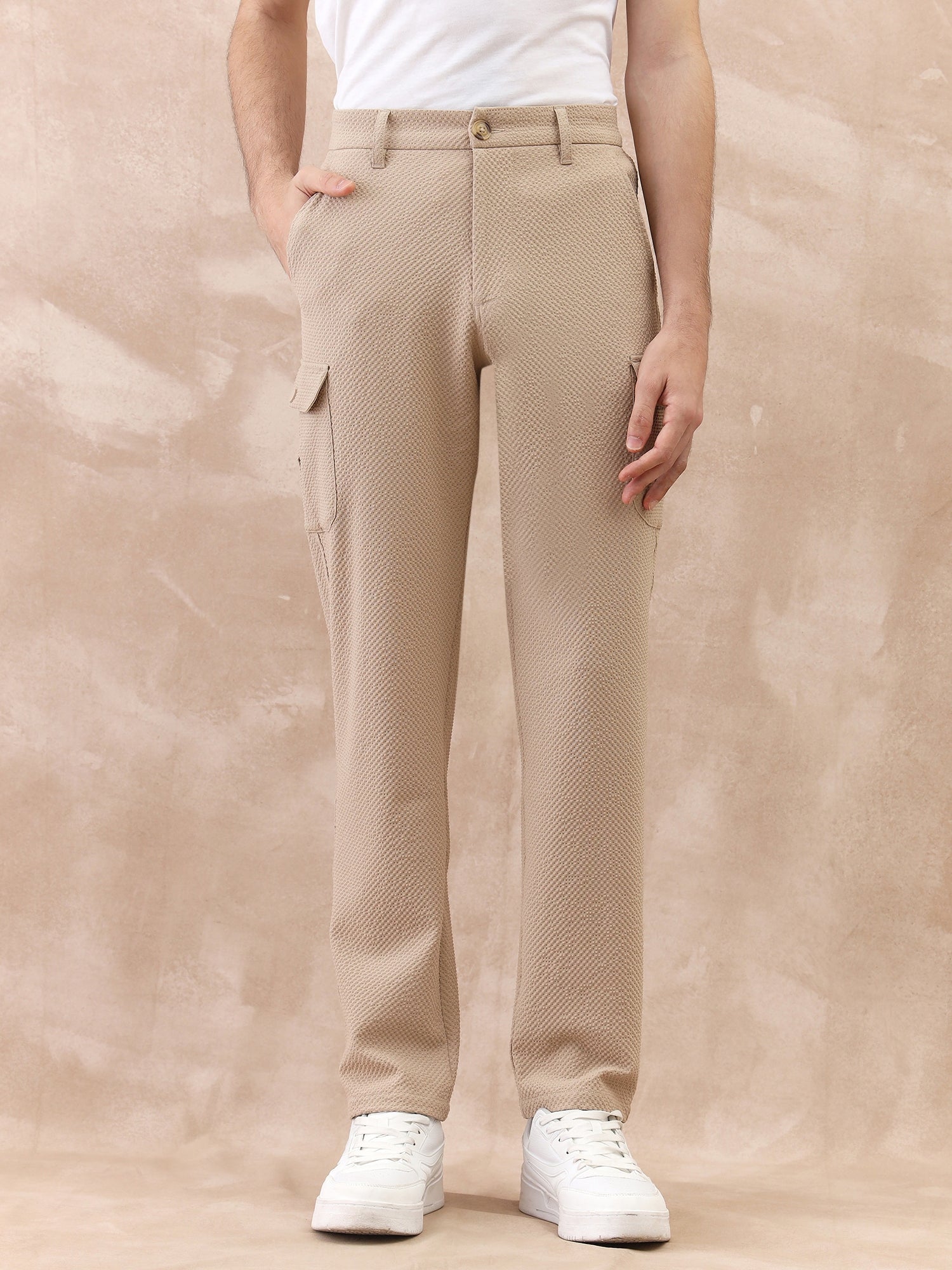 Iconic Men Beige Regular Fit Structured Cargo Trouser