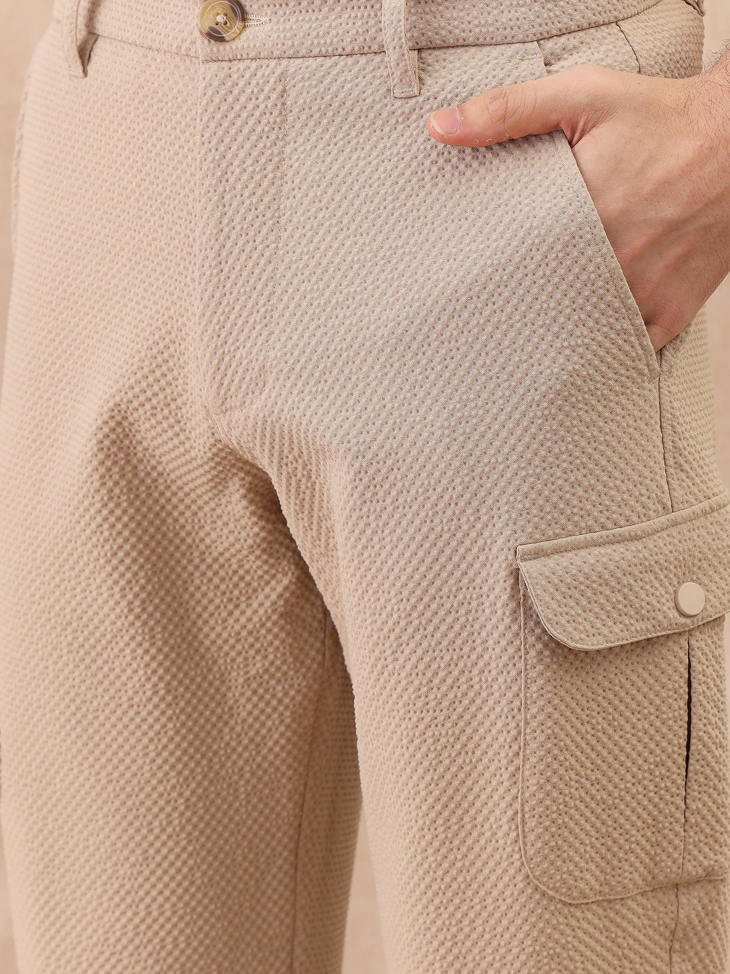Iconic Men Beige Regular Fit Structured Cargo Trouser