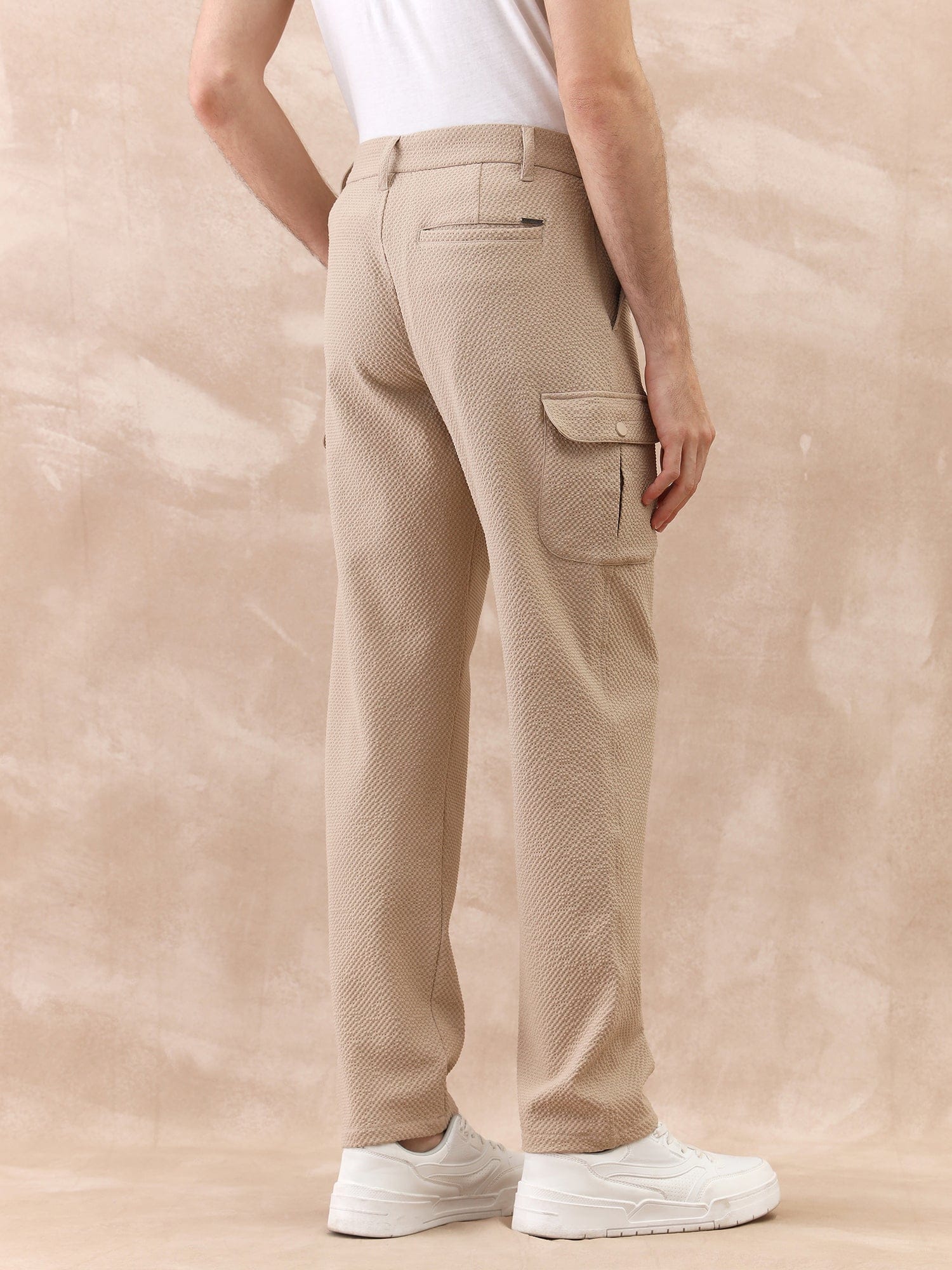 Iconic Men Beige Regular Fit Structured Cargo Trouser