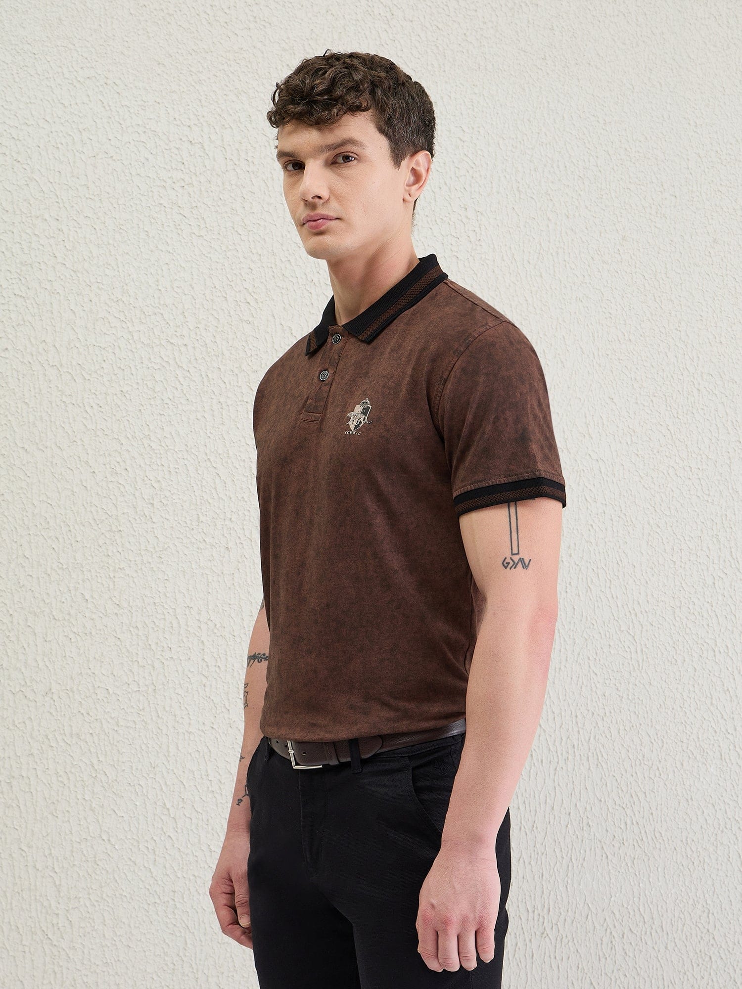 Iconic Men Brown Washed Polo Tshirt