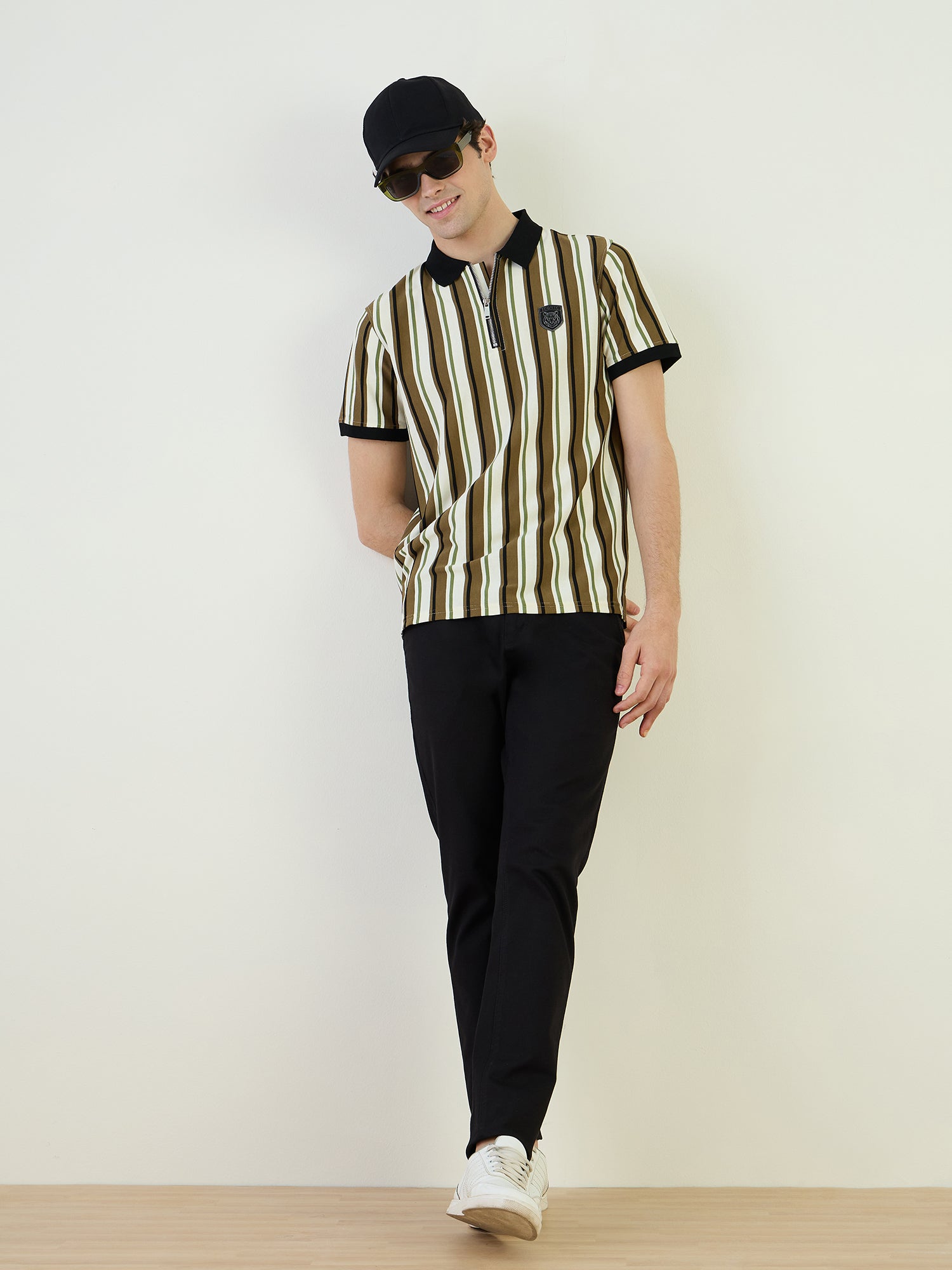 Iconic Men Green Striped Polo Tshirt