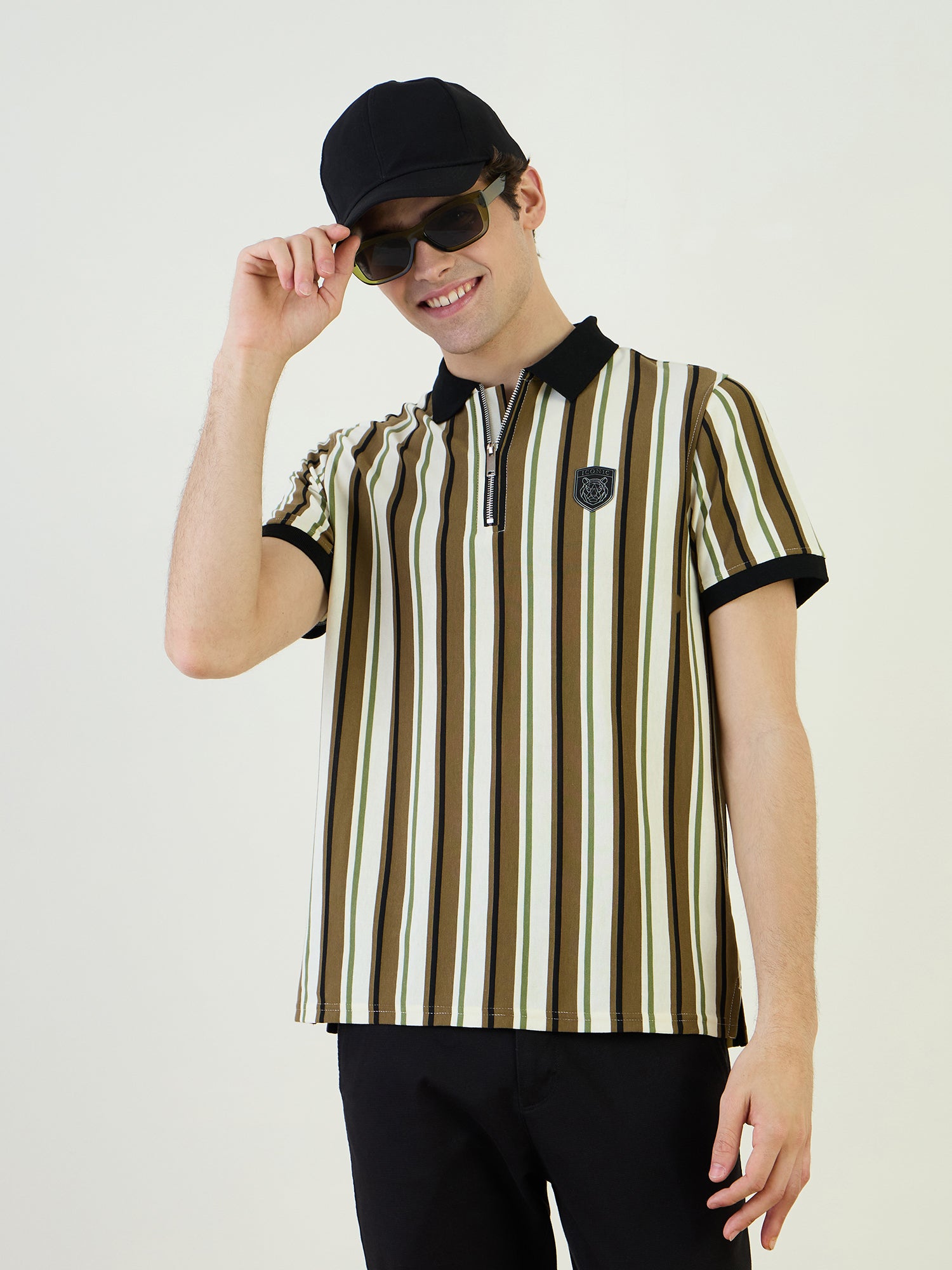 Iconic Men Green Striped Polo Tshirt