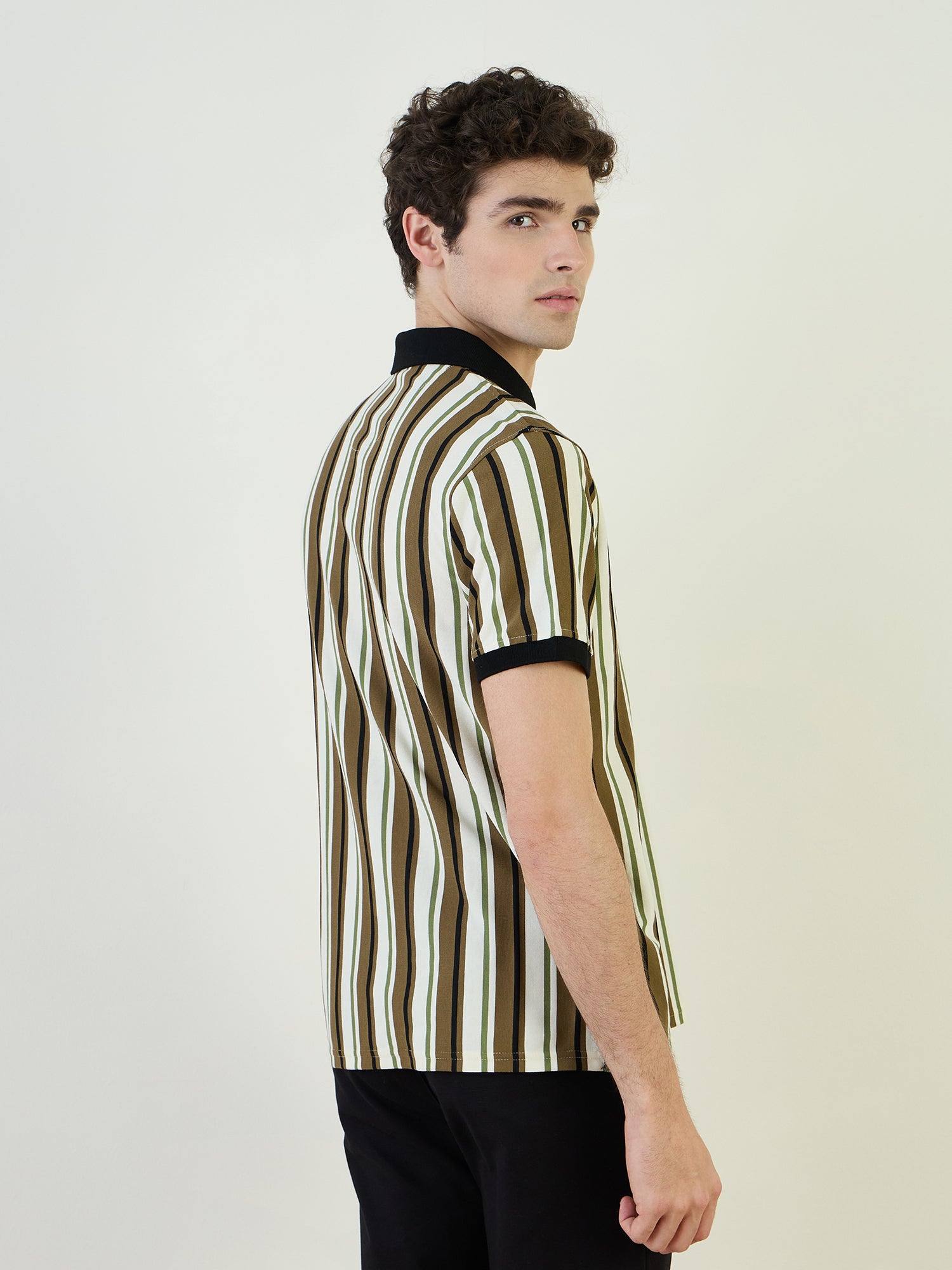 Iconic Men Green Striped Polo Tshirt