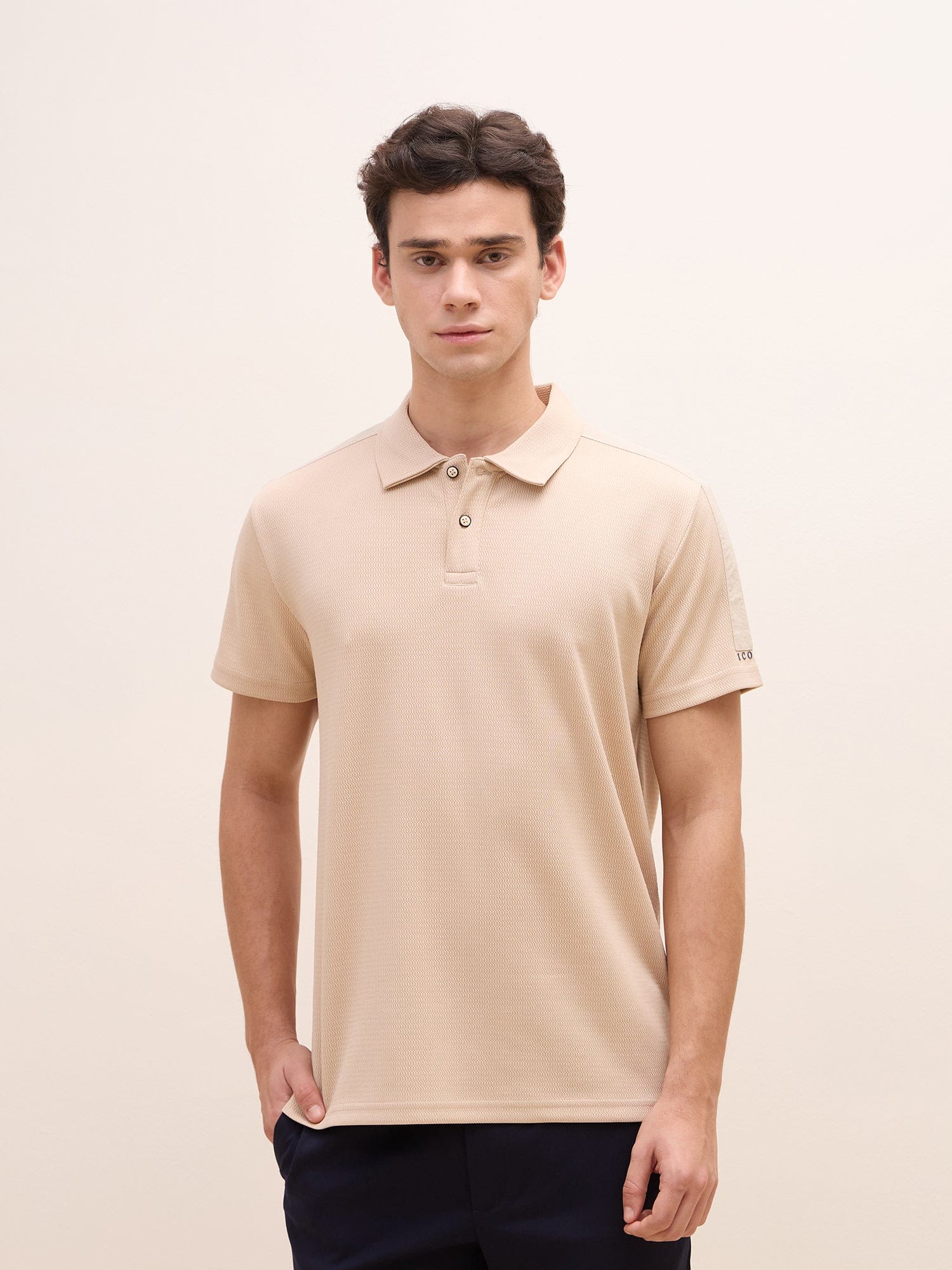 Iconic Men Beige Textured Polo Tshirt