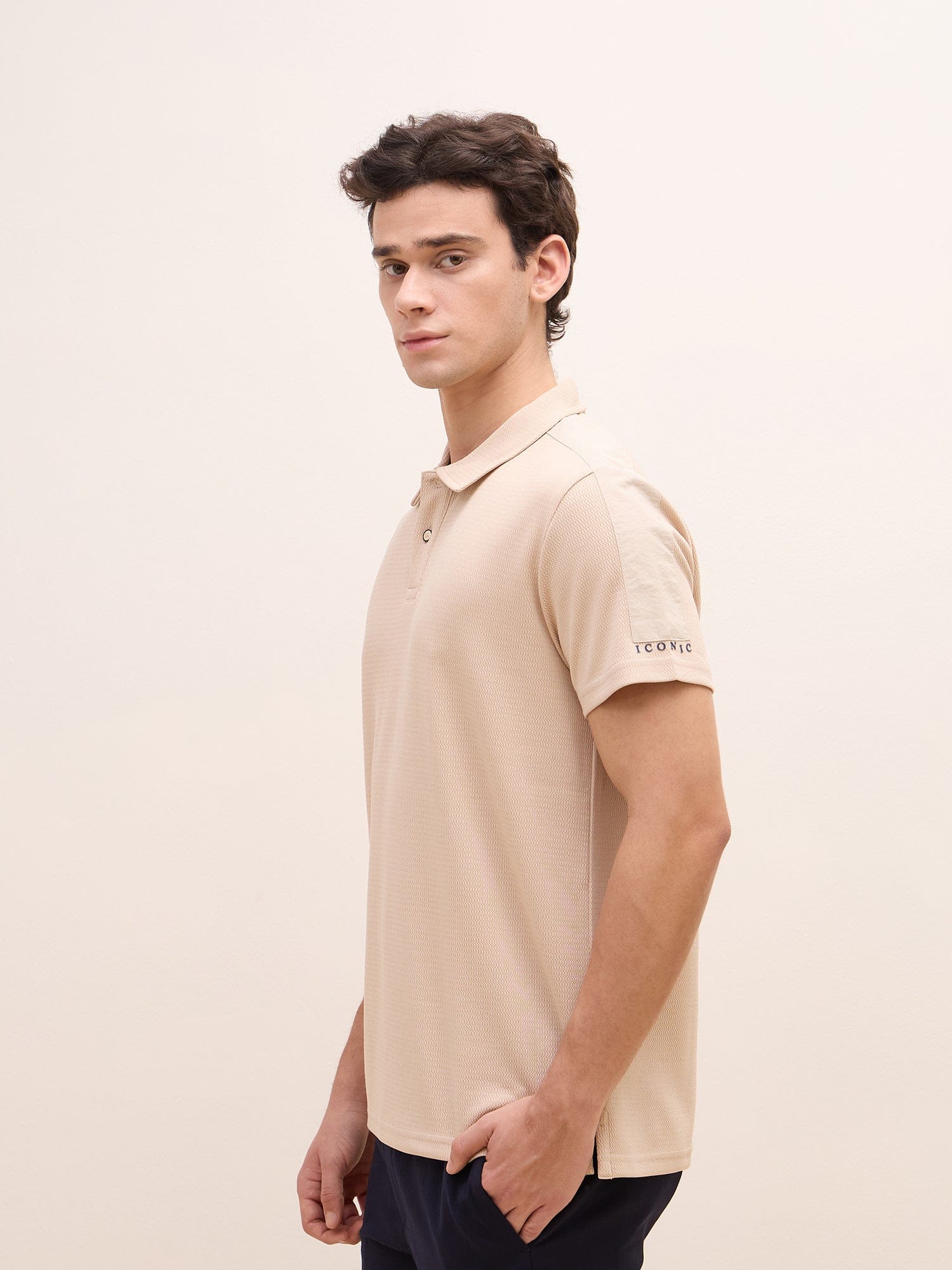 Iconic Men Beige Textured Polo Tshirt