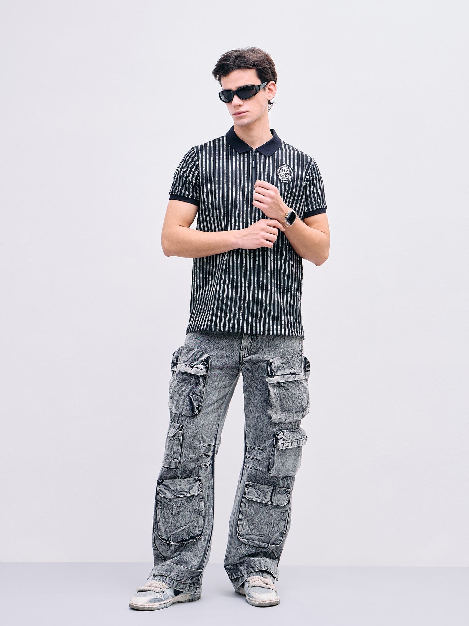 Iconic Men Black Striped Polo Tshirt