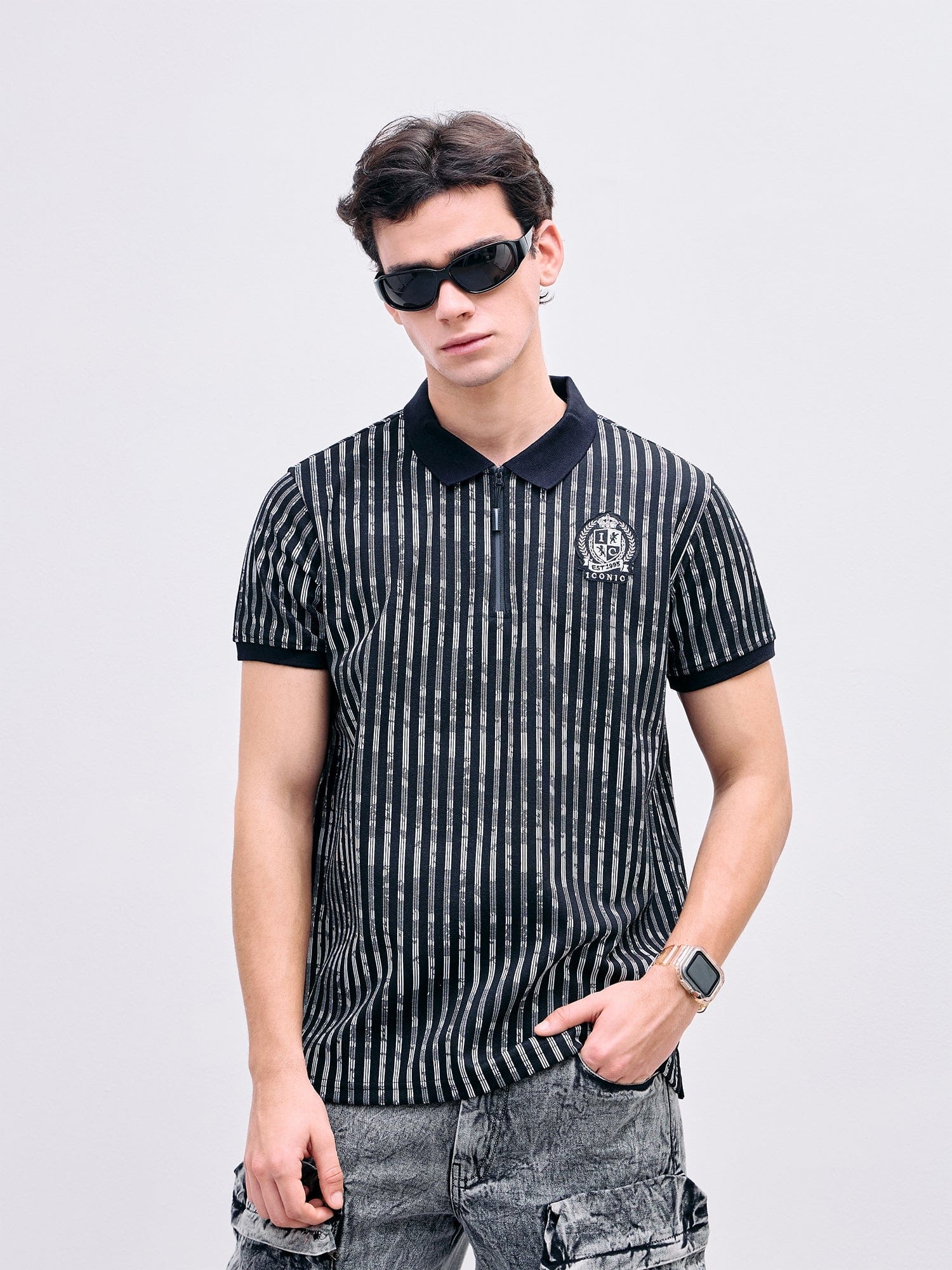 Iconic Men Black Striped Polo Tshirt