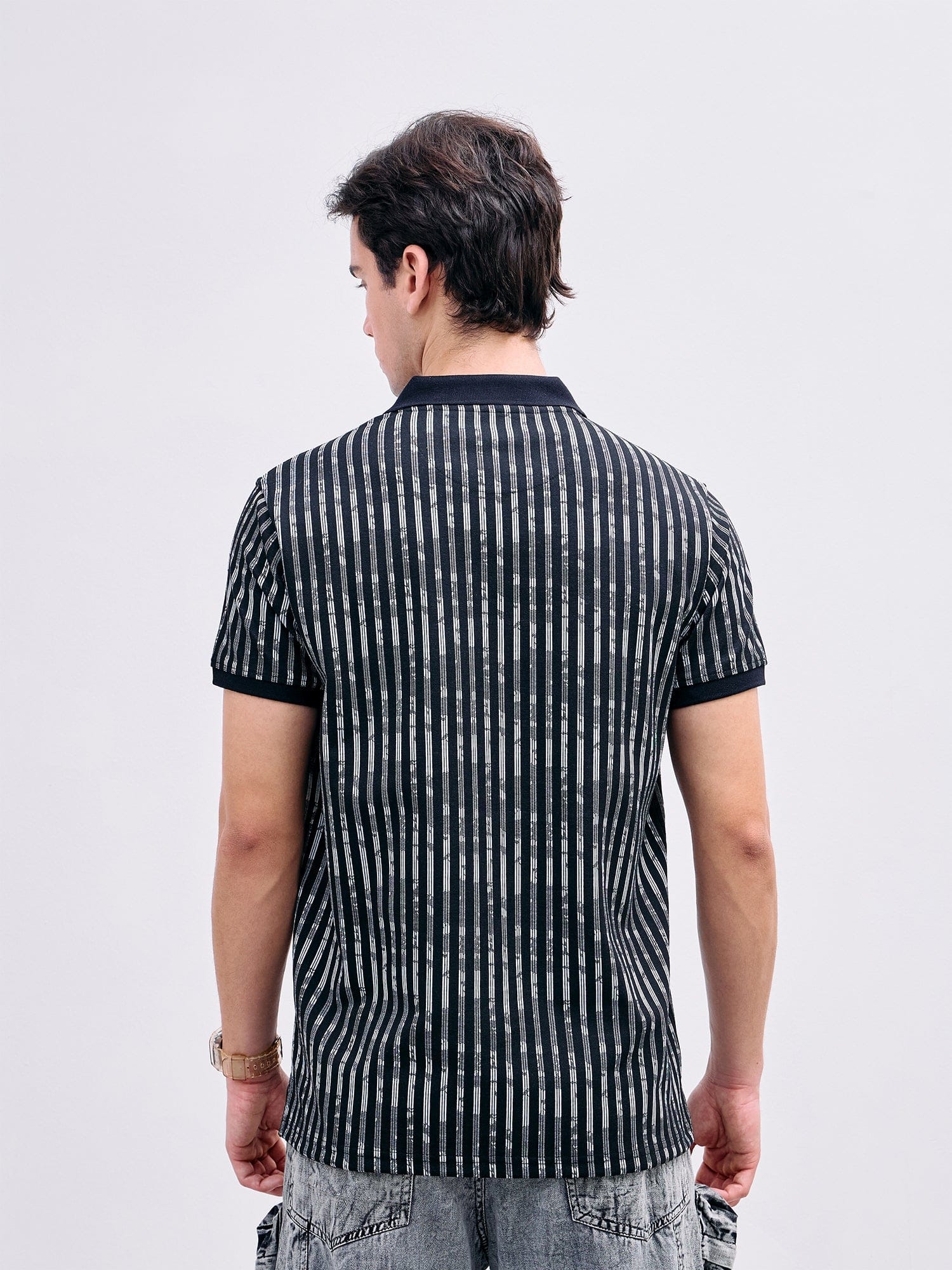 Iconic Men Black Striped Polo Tshirt