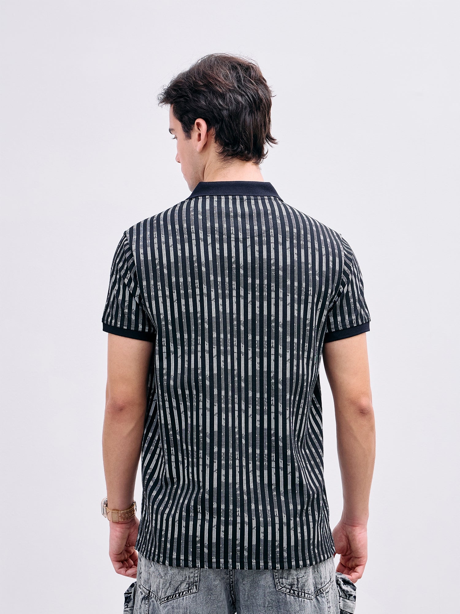 Iconic Men Black Striped Polo Tshirt