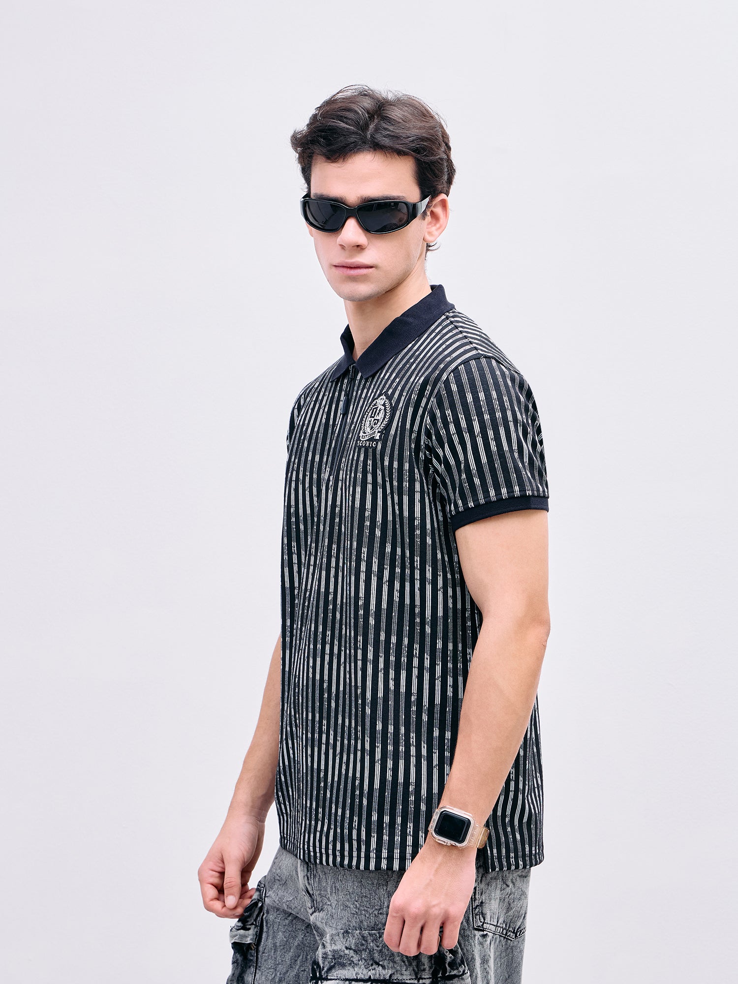 Iconic Men Black Striped Polo Tshirt