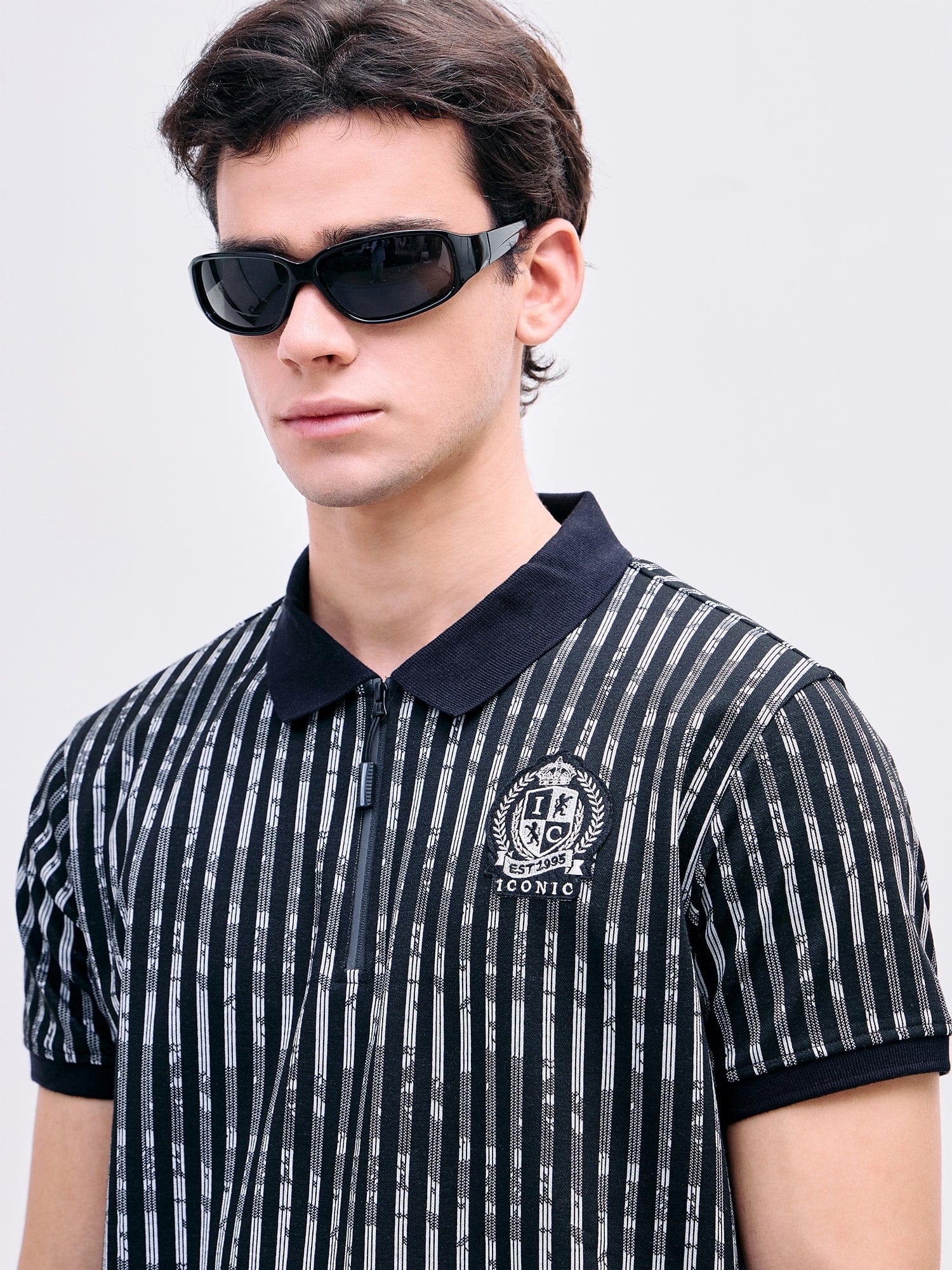 Iconic Men Black Striped Polo Tshirt