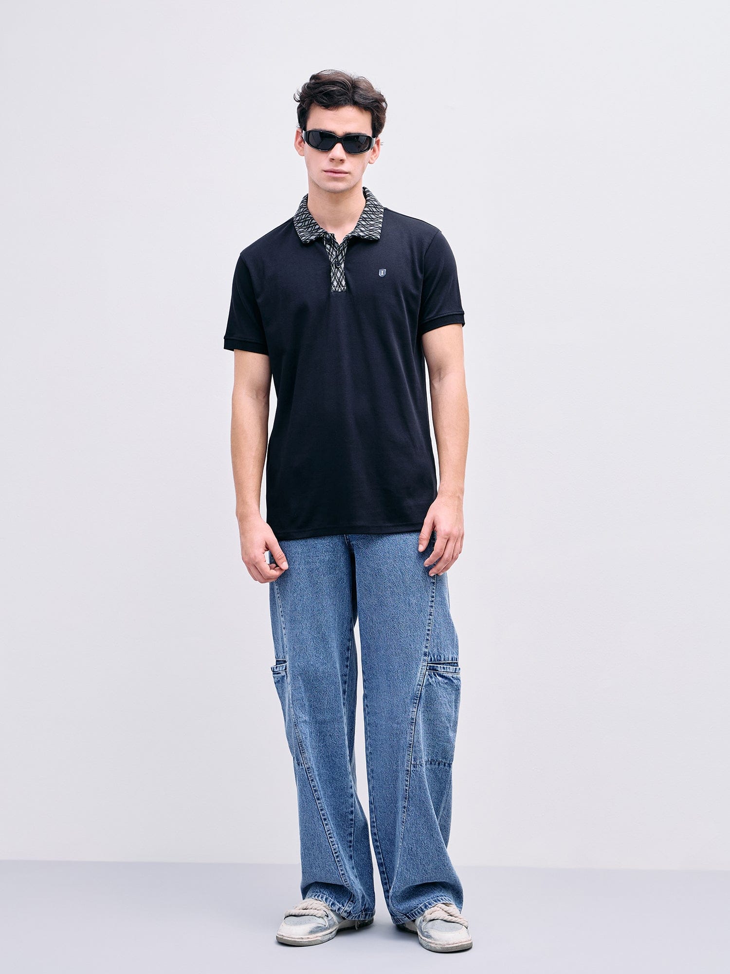 Iconic Men Black Solid Polo Tshirt