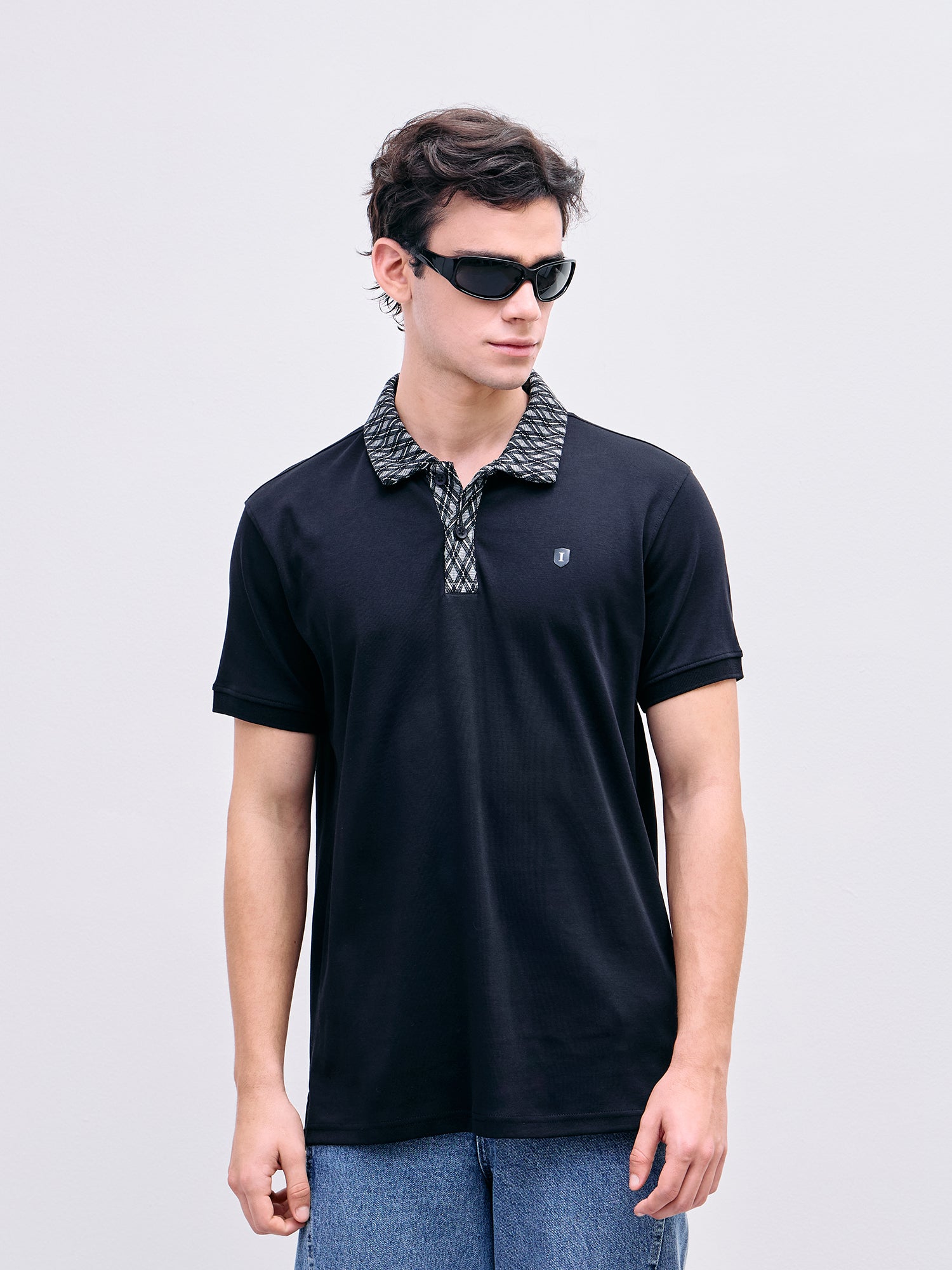Iconic Men Black Solid Polo Tshirt