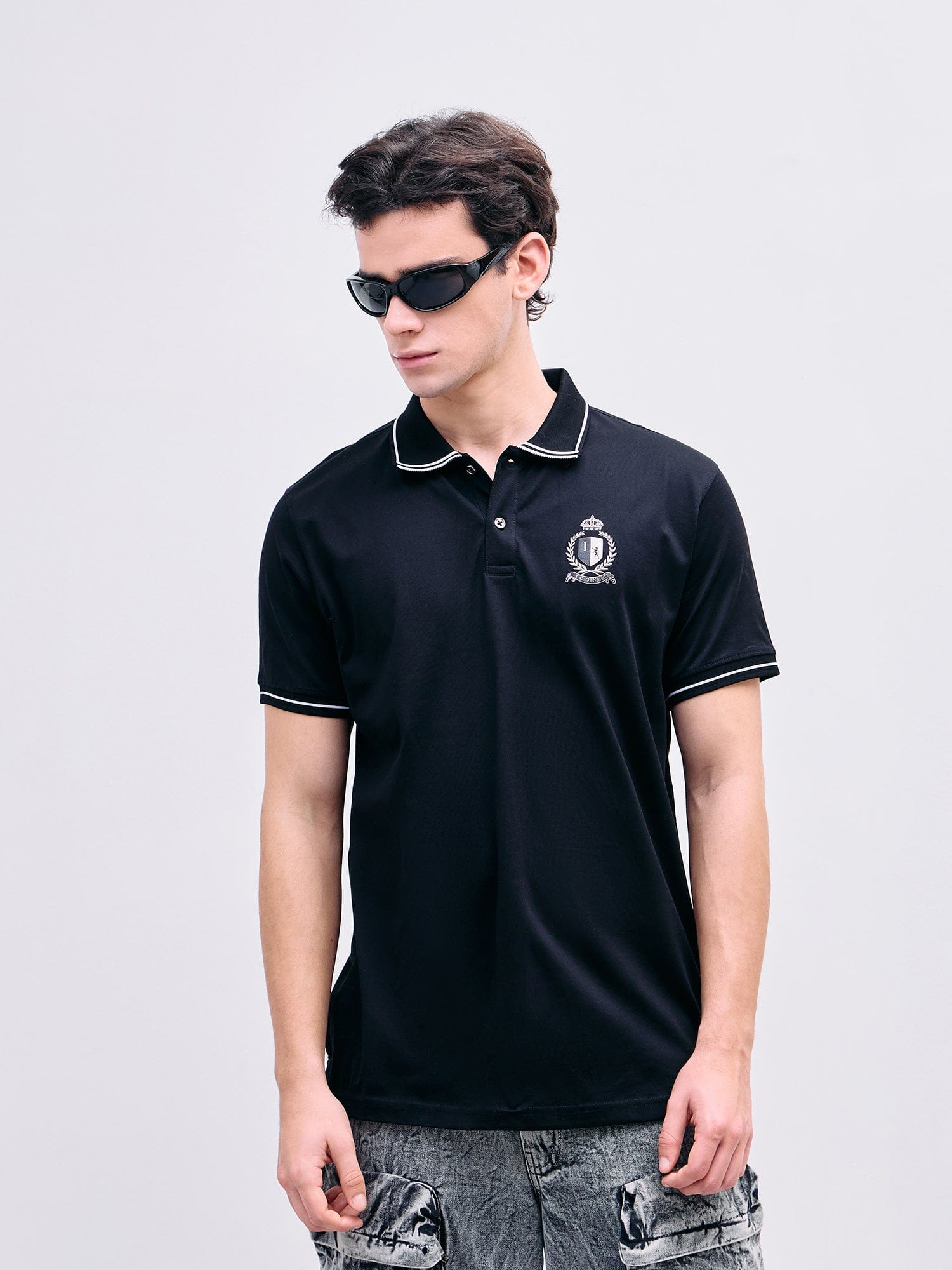 Iconic Men Black Solid Polo Tshirt