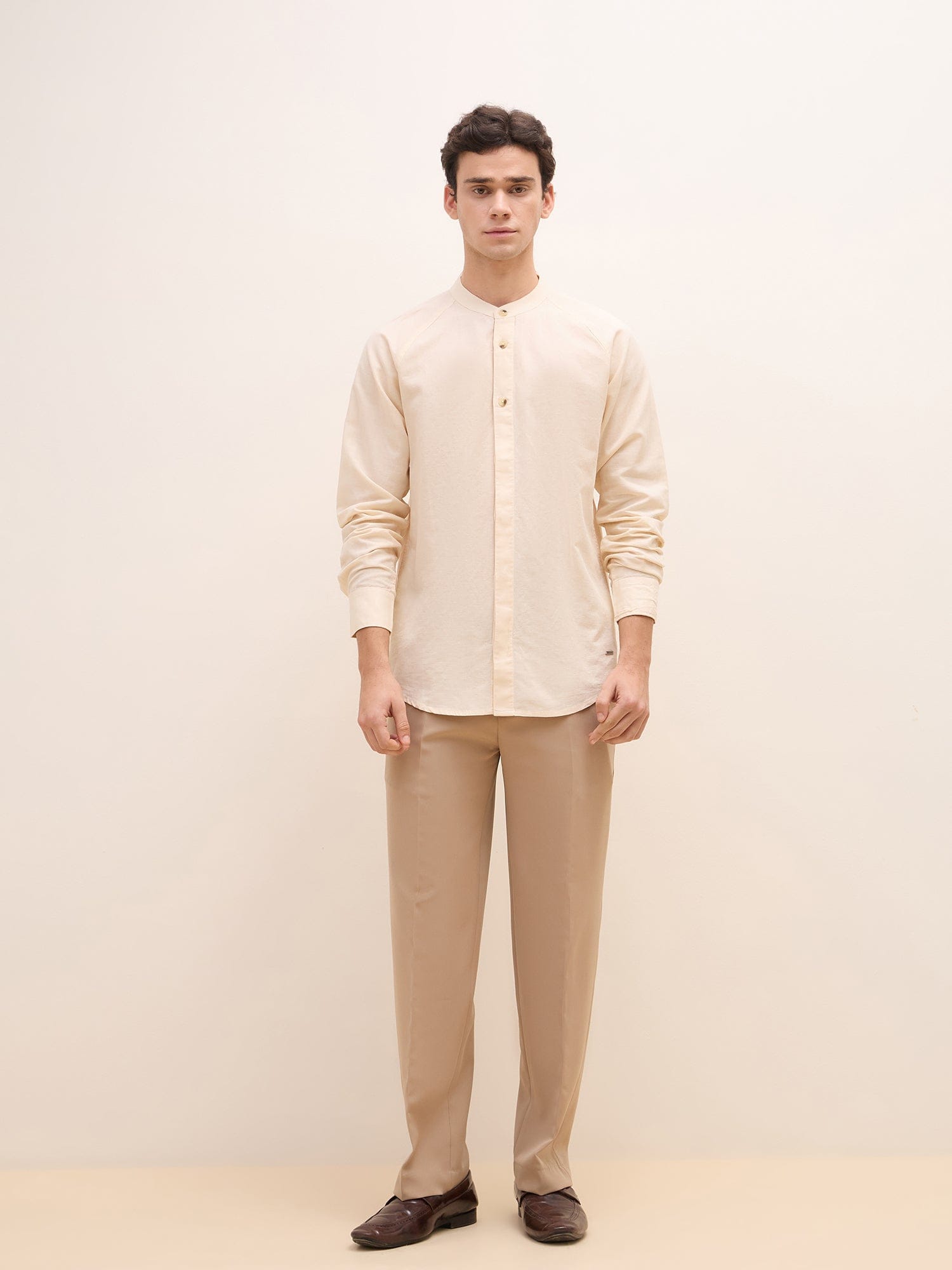 Iconic Men Beige Solid Band Collar Shirt