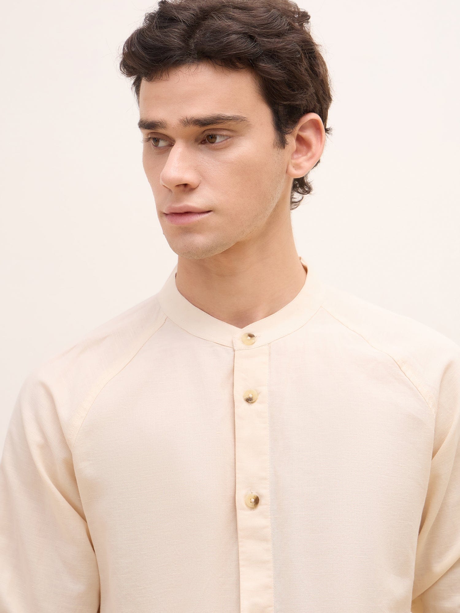 Iconic Men Beige Solid Band Collar Shirt