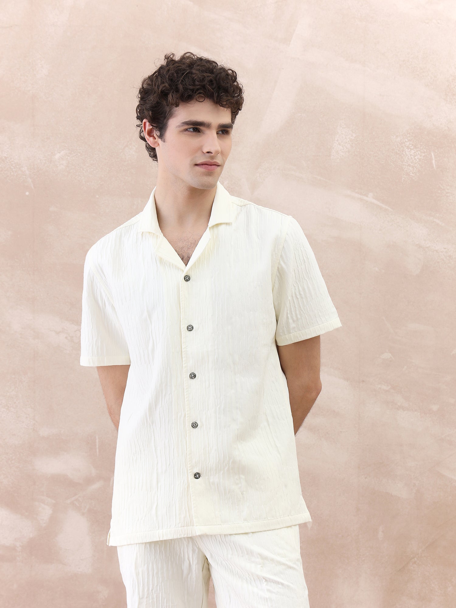 Iconic Men White Textured Resort Collar Shirt